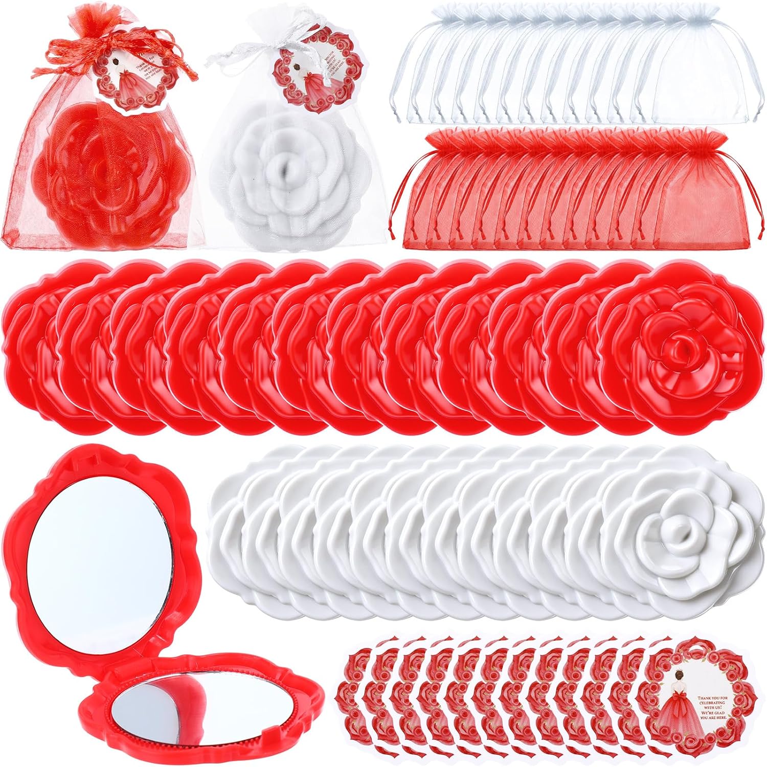 Bucherry 24 Sets Quinceanera Party Favors for Guests Rose Design Compact Pocket Mirrors with Thank You Tags and Organza Bag Mis Quince Años Sweet 15 Birthday Party