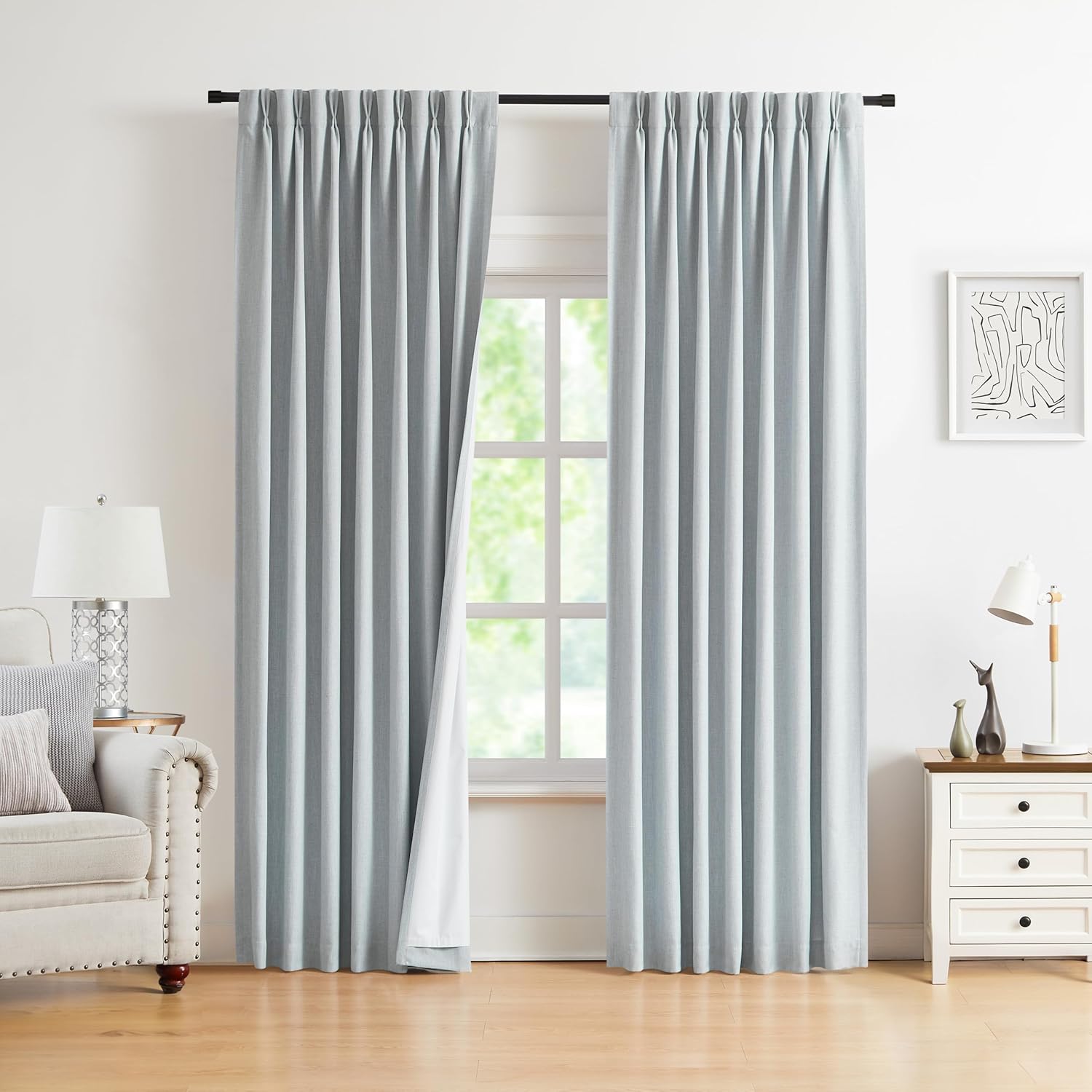 Kayne Studio Blue Fog Pinch Pleated Full Blackout Curtains, Linen Blend Room Darkening Thermal Insulated Soundproof Drapes, 95 Inch Back Tab Window Curtains for Living Room Bedroom (2 Panels, 40"x95")