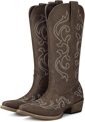 HISEA Rollda - Botas vaqueras occidentales para mujer, botas vaqueras con tacón grueso, botas de media pantorrilla para mujer