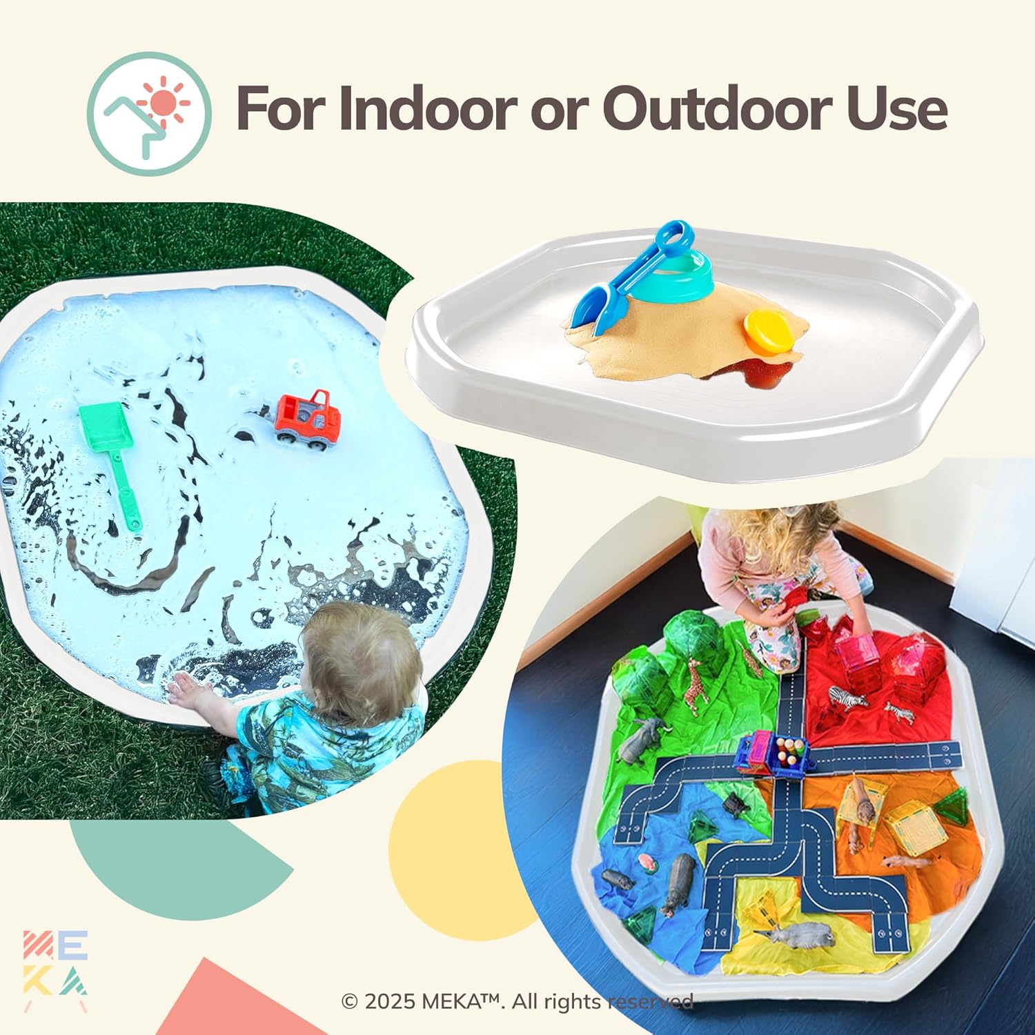 MEKA Tuff Tray and Stand with 3 Play Mats, Sensory for Kids with Alphabet, Numbers, and Color Themes, Indoor Outdoor Play Tray for Home or Classroom ((White, Small 28" x 28"))
