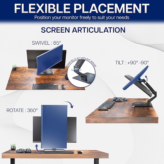 VIVO Premium Single 17 to 32 inch VESA Monitor and Touch Screen Desk Stand with Rotating Base, Freestanding Pneumatic Height Adjustable Arm, 12 inch Maximum Screen Height, Black, STAND-V001R