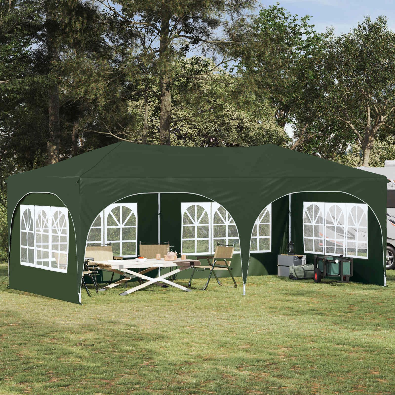 Tente de fete pop-up verte pour accueillir vos repas de famille et barbecues de jardin