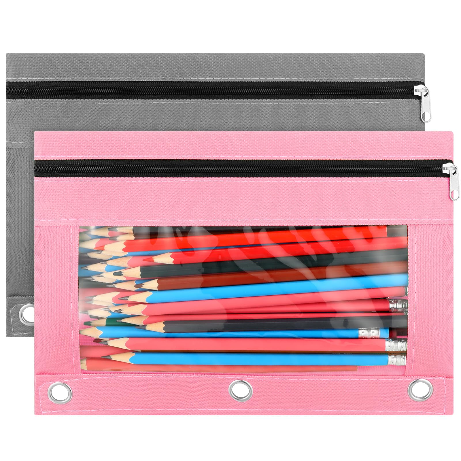 Gueevin 2 Pcs 3 Ring Pencil Pouch, Zipper Pencil Bag for 3 Ring Binder, B5 Size Stationery Bag with Clear Window for Pen School Supplies Office (Gray, Pink)