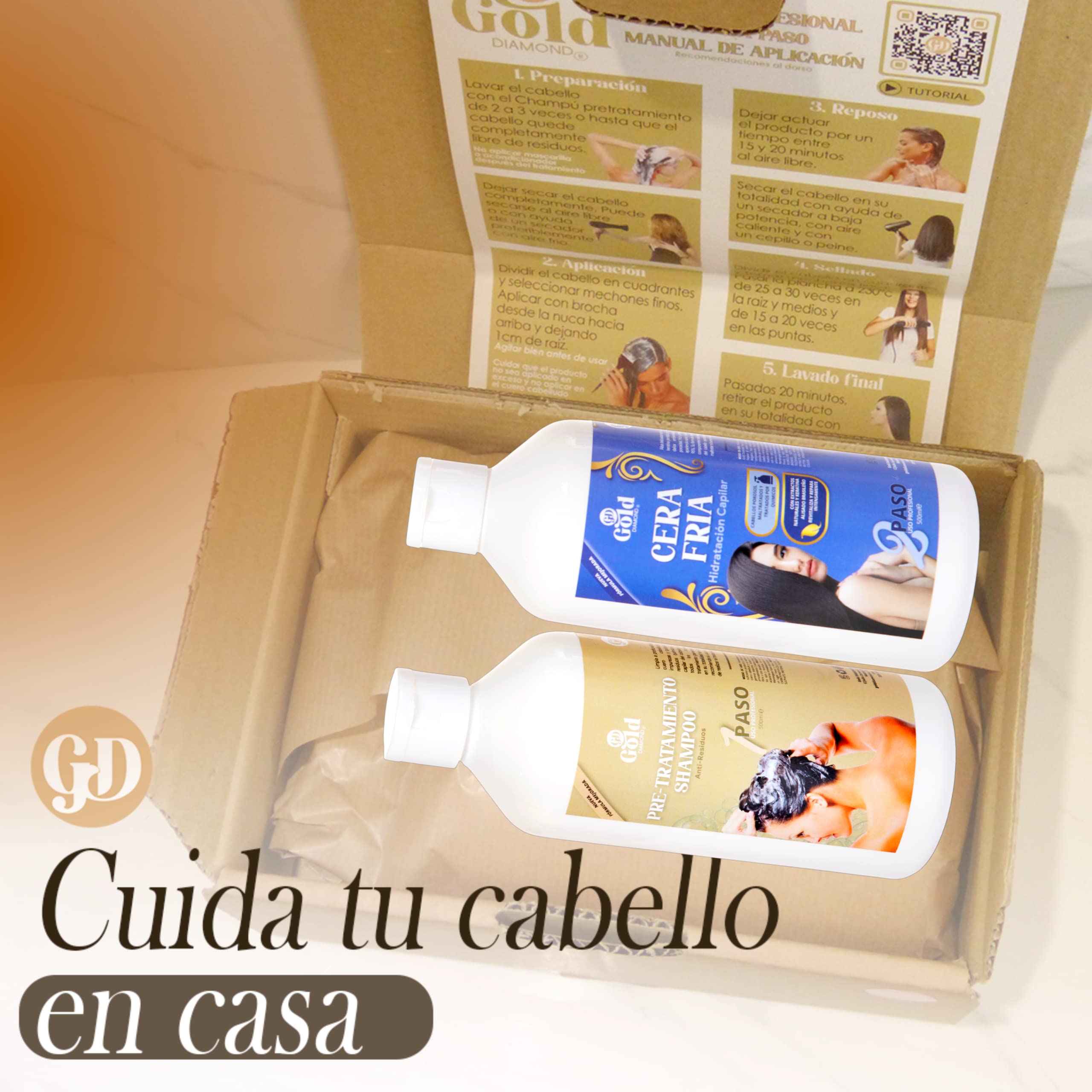 Gold DIAMOND – Kit Alisado Brasileño Cera Fría Sin Formol – Tratamiento de Keratina Profesional para Cabello Teñido, Poroso y Dañado – Hasta 6 Meses Sin Frizz (Kit Mediano, 500mL)