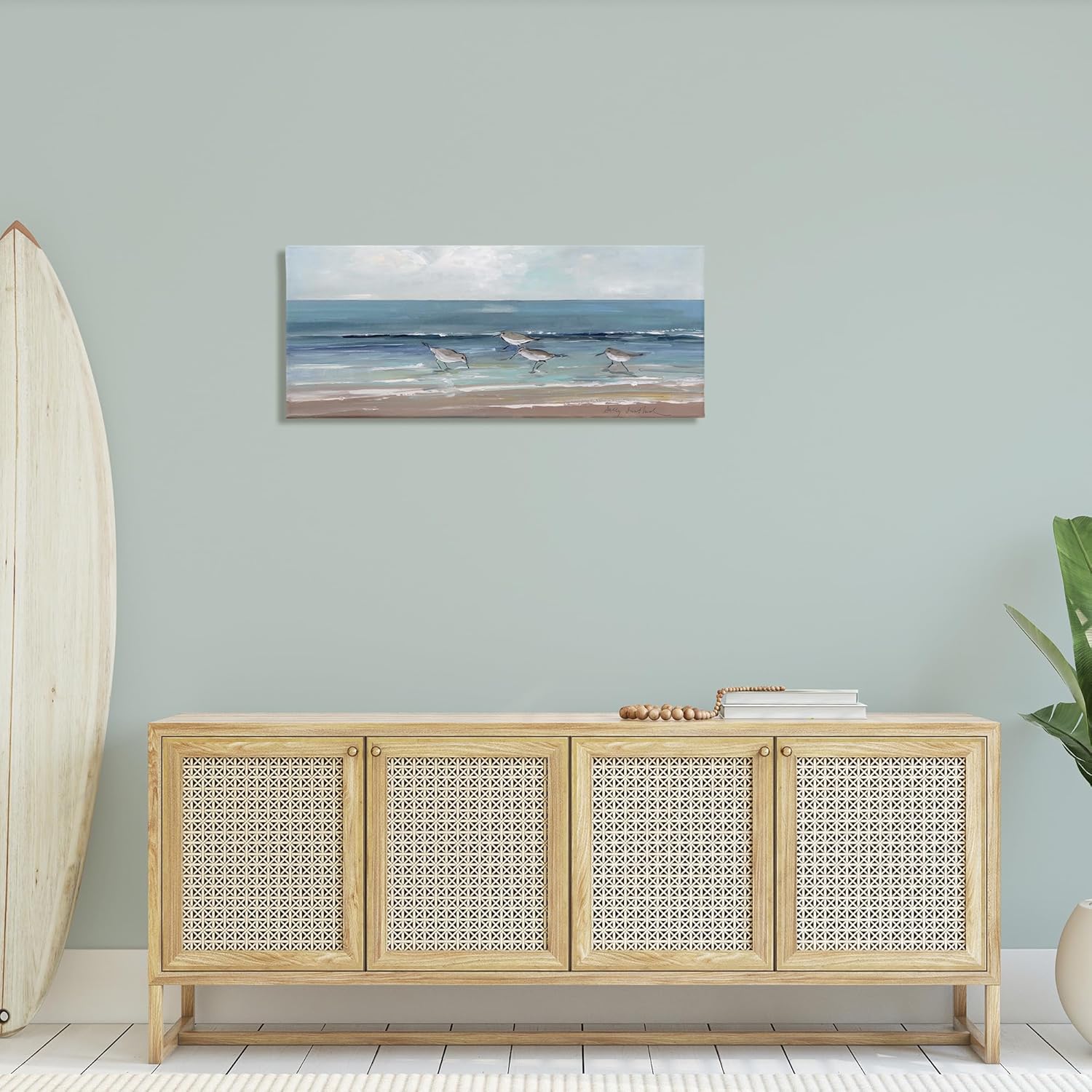 Stupell Industries Sandpipers Birds Cloudy Sky Beach Shore Painting,Design by Sally Swatland, 40 x 17, Blue