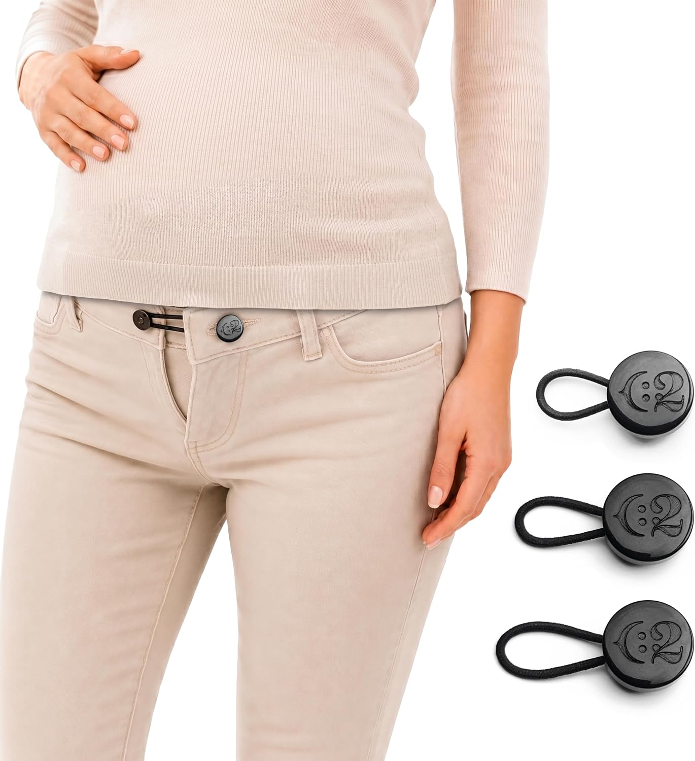 C2 3Pcs Maternity Pants Button Extenders - Black - Adds Up to 3cm / 1.18in to Waist - 15.3mm / 0.6in Button Size (24L) - Reusable Pregnancy Waistband Extenders, No Sewing Required