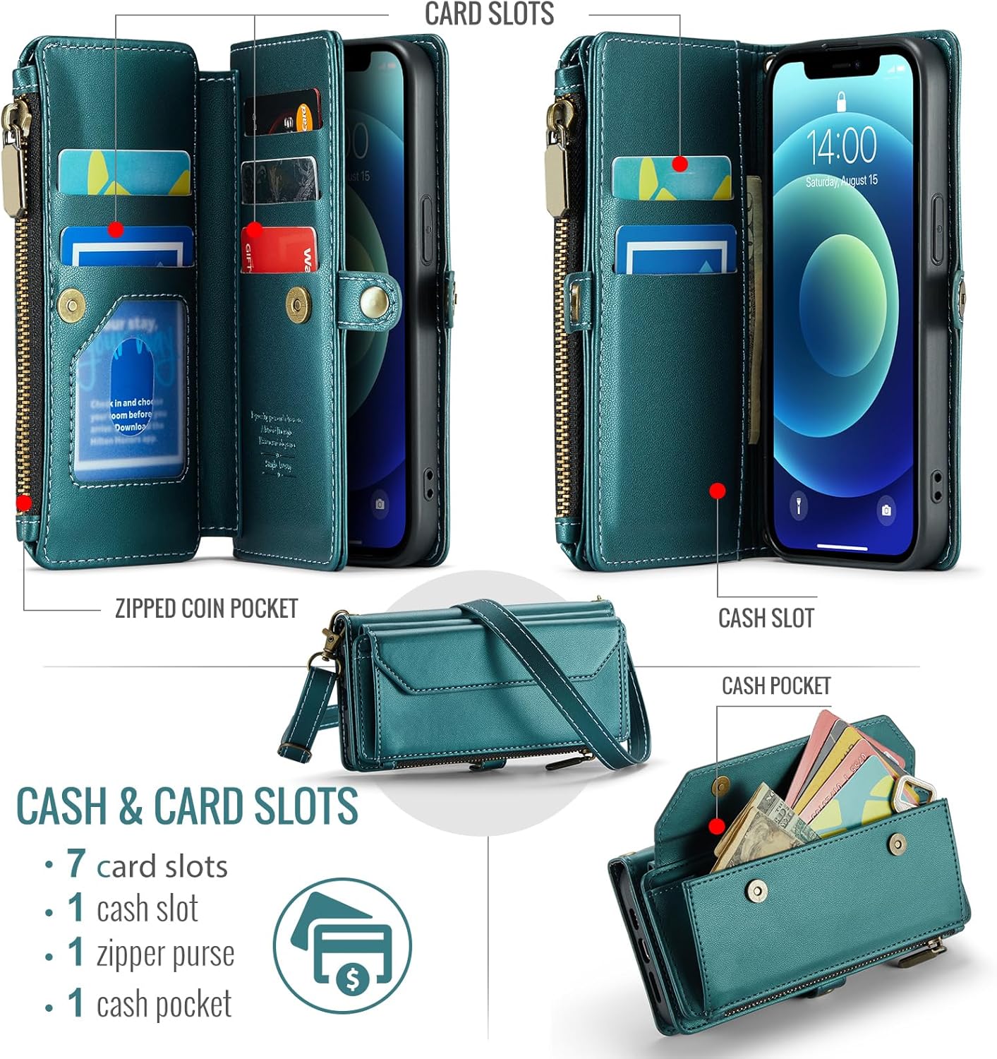 Asuwish Phone Case for iPhone 12 Mini 5.4 Zipper Wallet Cover with Tempered Glass Screen Protector and Flip RFID Blocking Card Holder Stand Cell iPhone12mini 5G i 12s iPhone12 12mini Women Girls Green