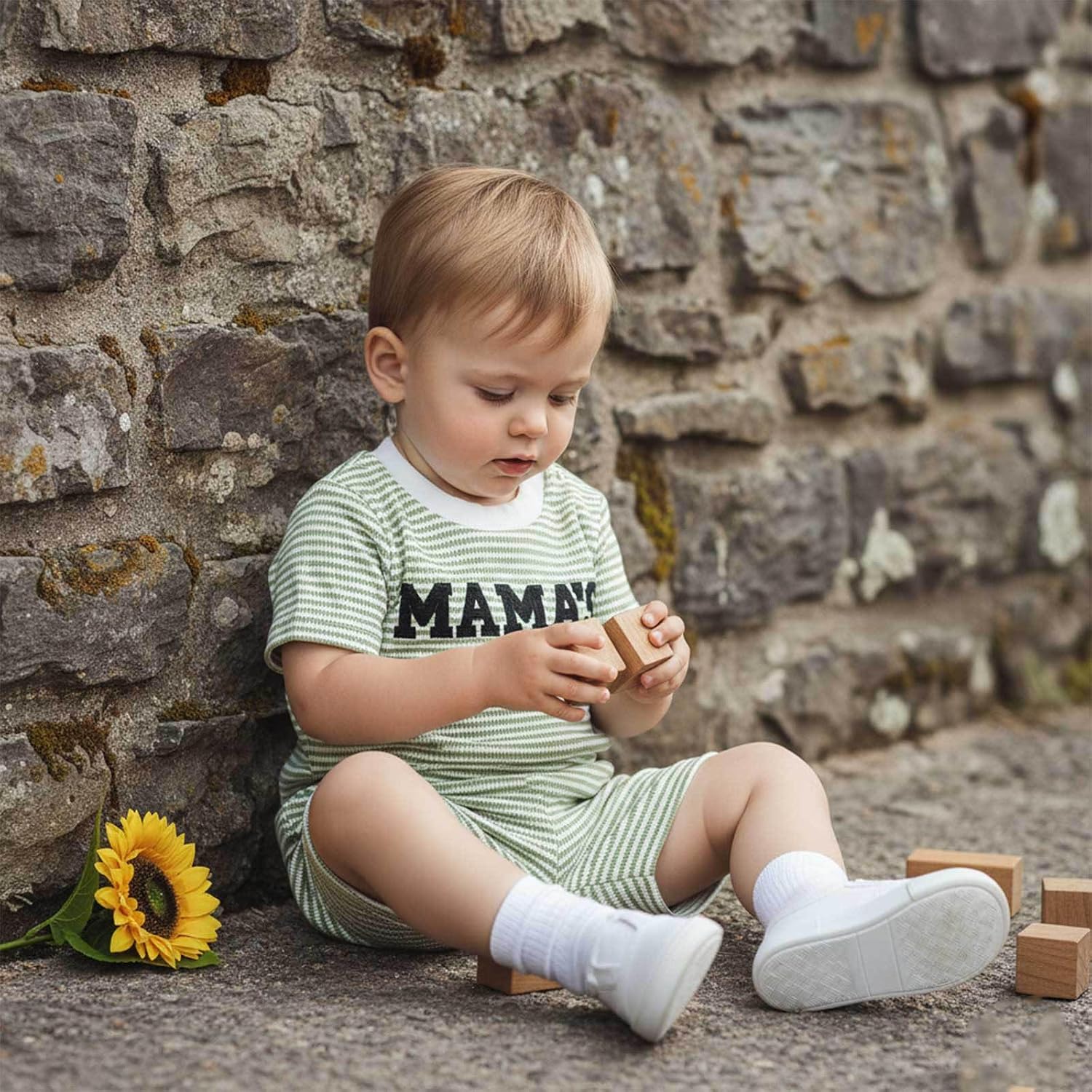 Baby Boys Summer Clothes Striped Mamas Boy Waffle Short Sleeve T-shirt Tops Shorts Set 6 12 18 24 Months Outfits image 3