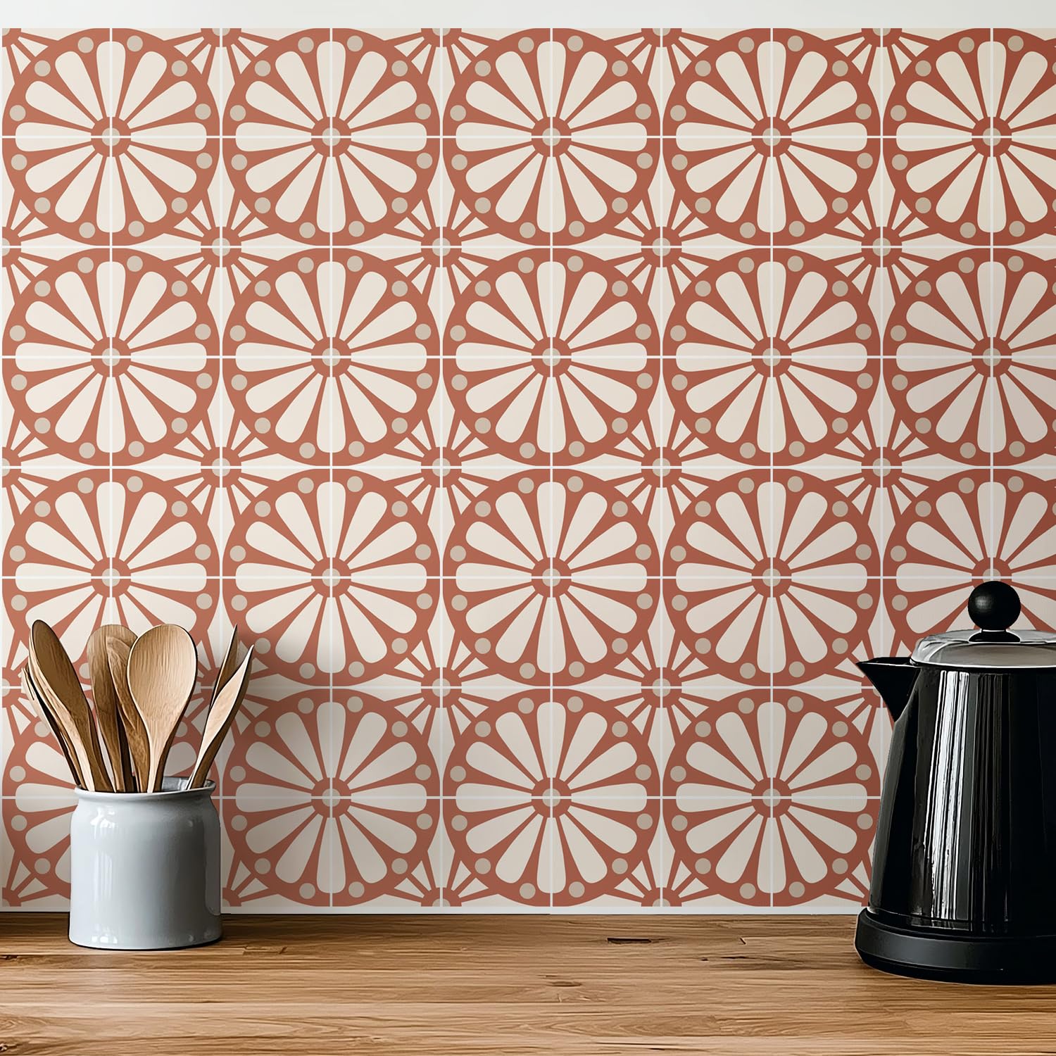 Photo 1 of meihea 30 Pack, 4x4 Inch Terracotta Tile Stickers, Modern Boho Peel and Stick Vinyl for Backsplash, Stairs & Furniture