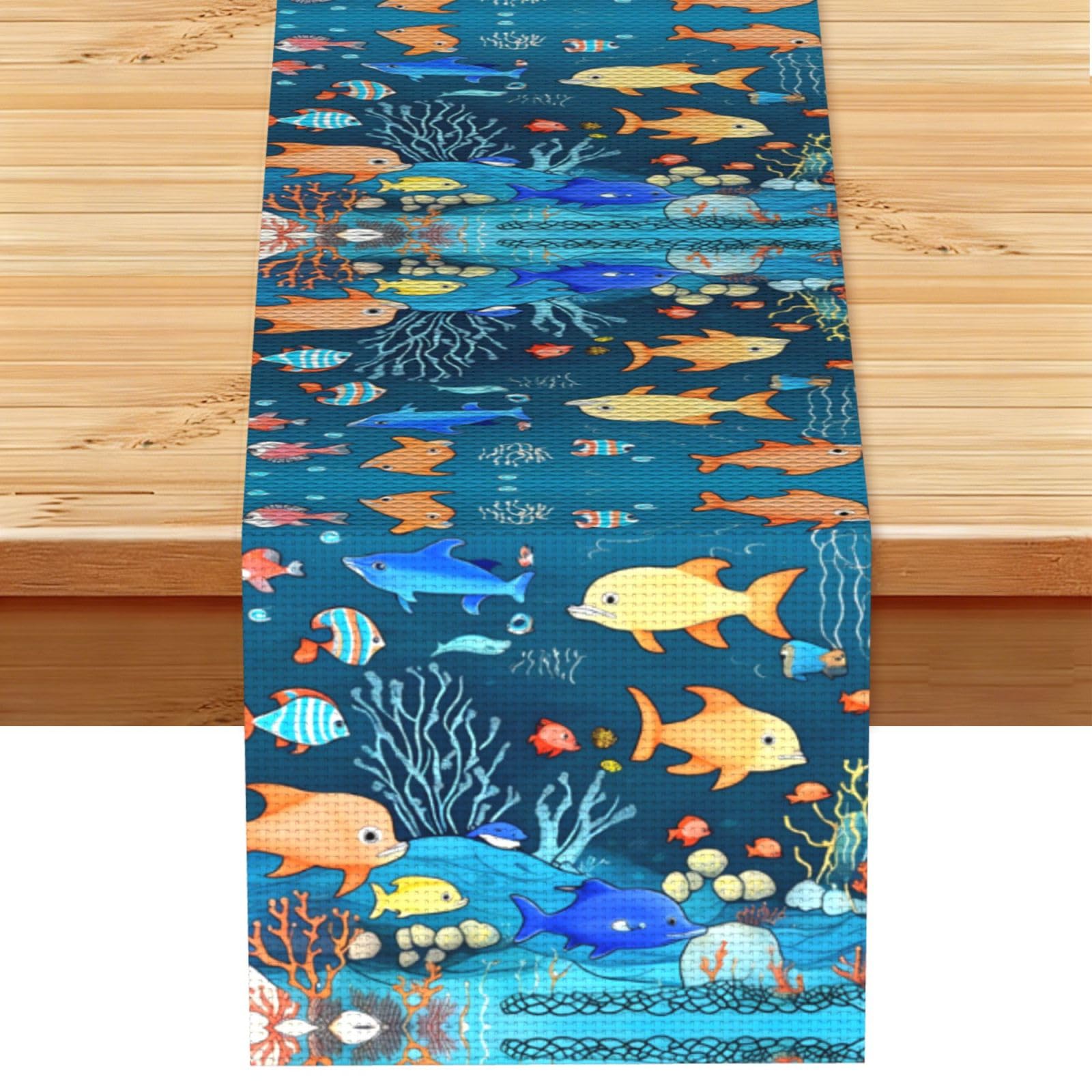 Blue underwater world of fish Linen Look Table Runner 13x72-Wrinkle Resistant Farmhouse Style for Dining Table Decor