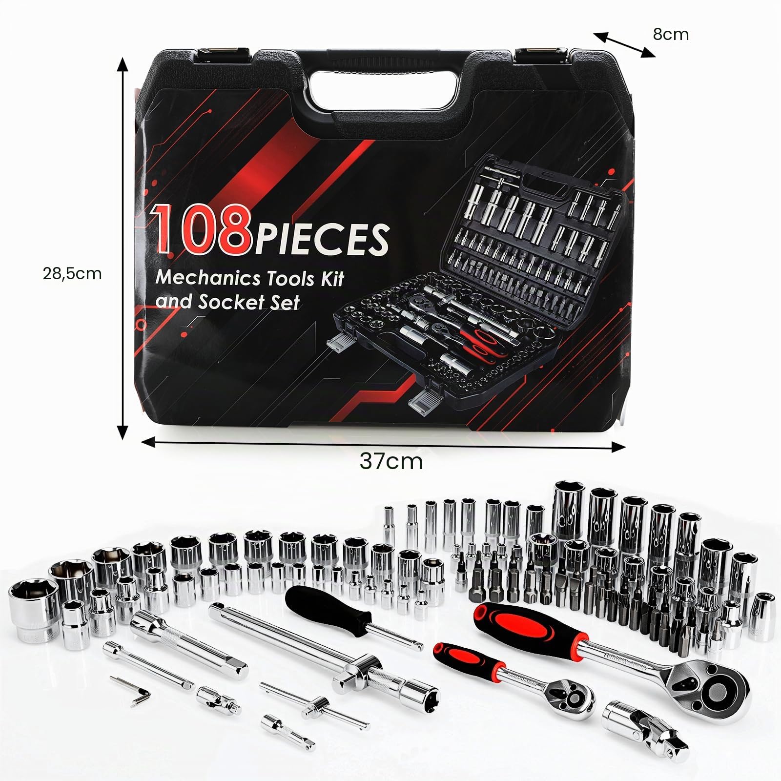TLGREEN Set di chiavi a bussola da 108 pezzi set di chiavi a cricchetto Cr-V scatola a cricchetto scatola a cricchetto con inserto per chiave a bussola esagonale reversibile da 1/4" e 1/2" a 72 denti