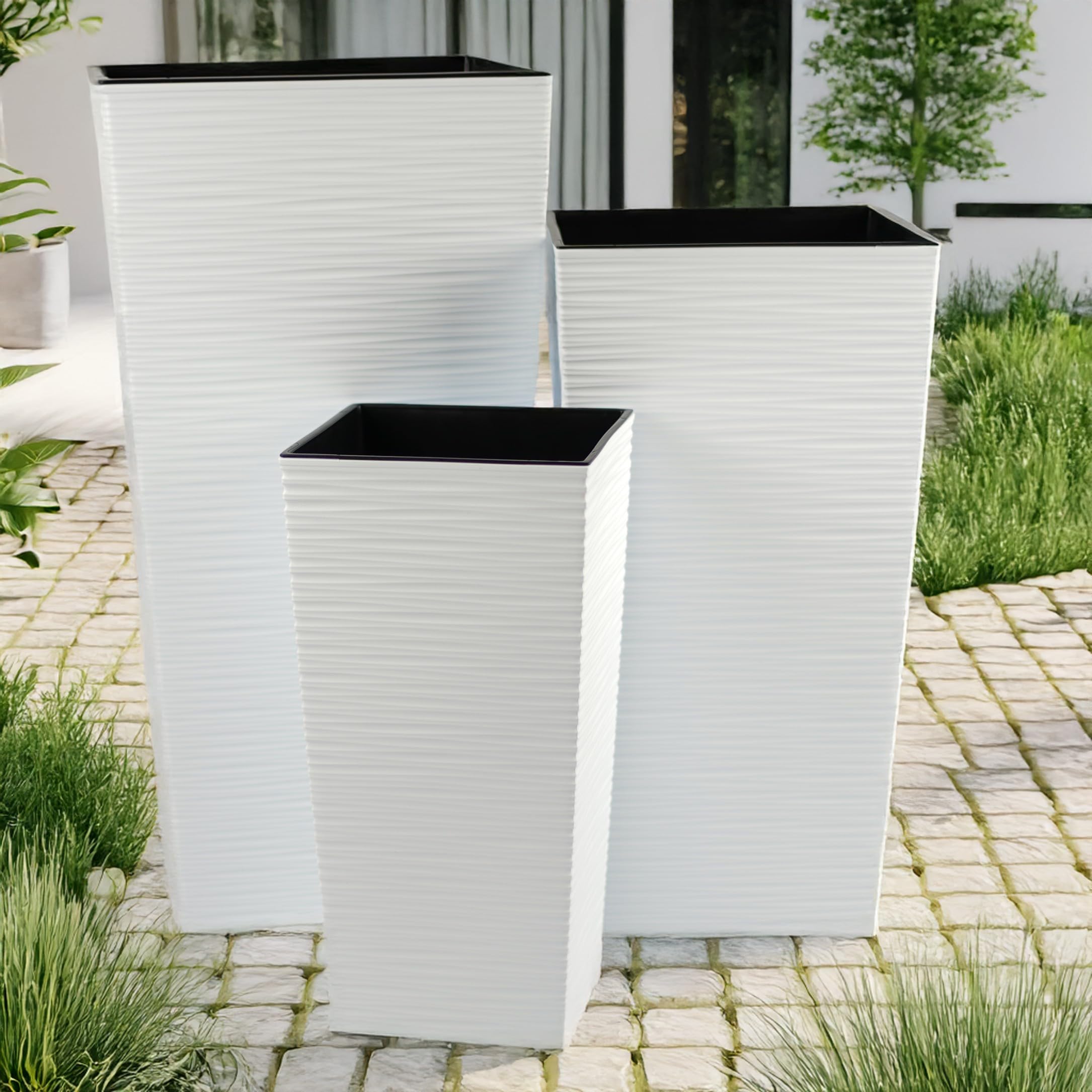 Set Vasi da Fiori con Inserto Bianco - Effetto Rattan & Plastica Riciclata - 37/47/57 cm - Grande, Robusto & Decorativo