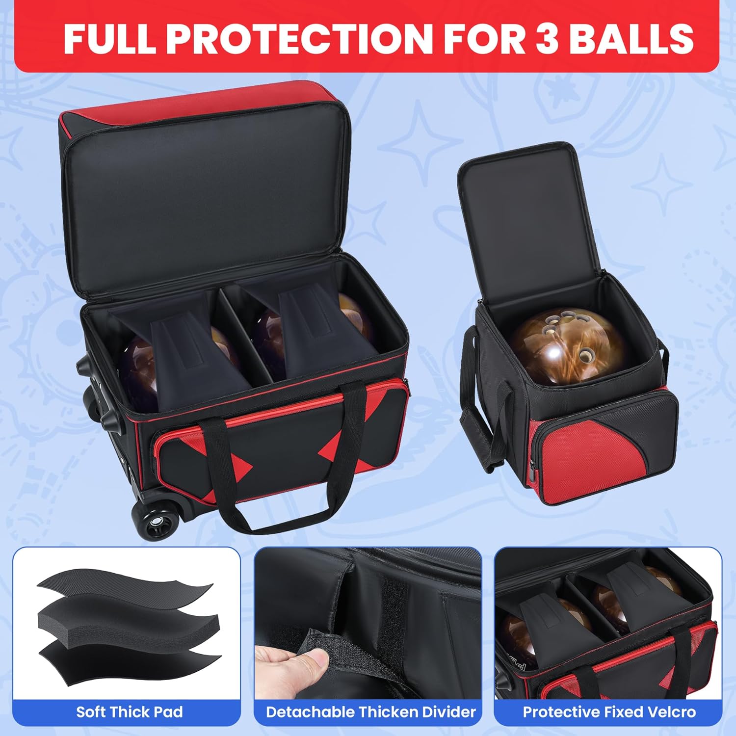 3 Ball Bowling Bag with Wheels, Rolling Bowling Bag 3 Ball Roller with Multi-pocket & Shoe Compartment (Up To US Men Size 16), 2 Ball Bowling Roller Bag PLUS 1 Ball Tote