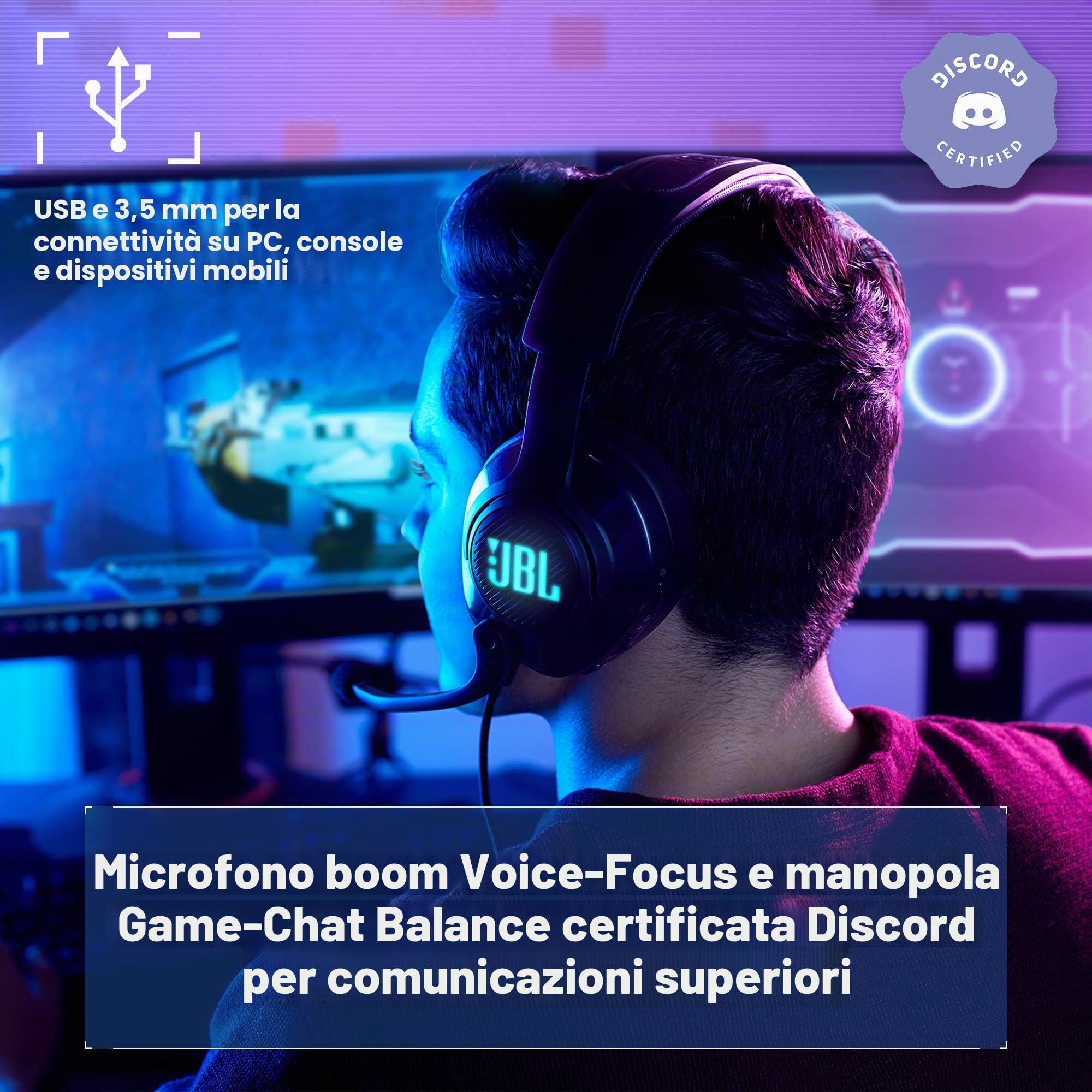 JBL Quantum 400 - Cuffie USB over-ear da gioco con quadranti bilanciati per chat, QuantumSURROUND e DTS, microfono orientabile con messa a fuoco vocale e cuscinetti auricolari in memory foam (nero)