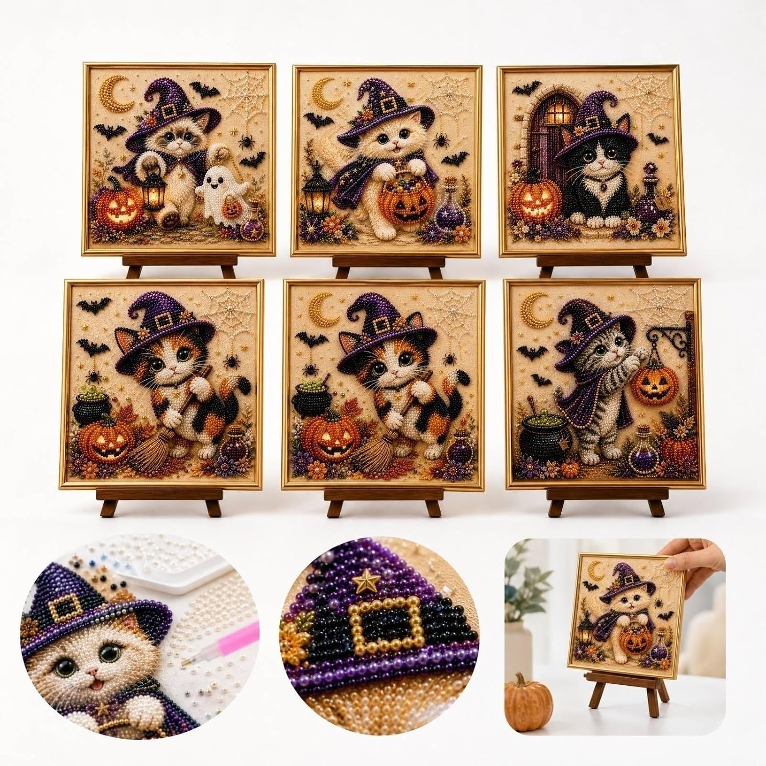 TREBIN Halloween Ghost Pearl Art DIY Kit, 3D Pearl Painting Kits for Adults, Spooky Cute Ghost Diamond Art Kits for Adults, Autumn Fall Home Wall Decor, Gothic DIY Gift (Witch Cat & Lamp) image 4