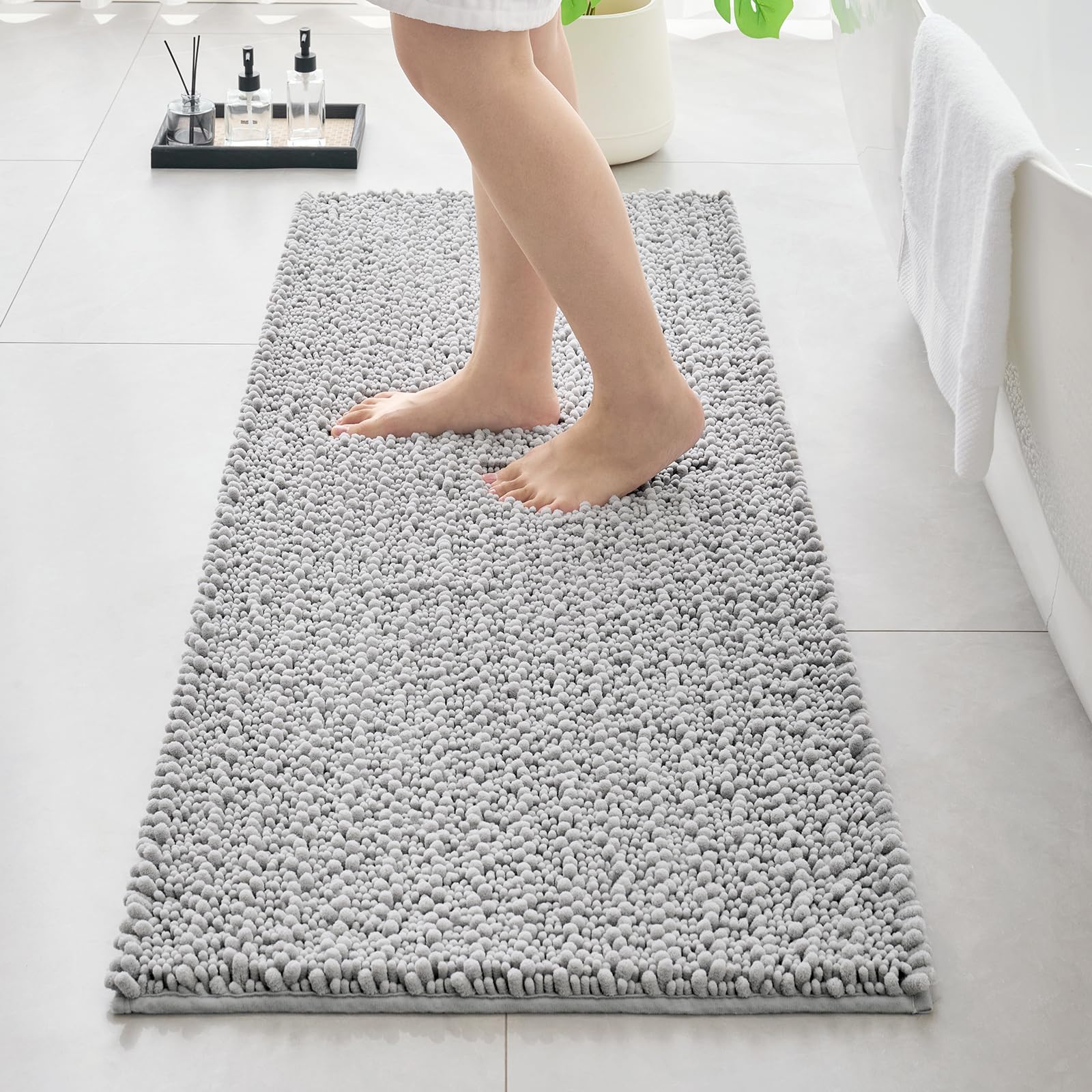Chenille Bathroom Rugs 55x24 Absorbent Soft Non Slip, Silver