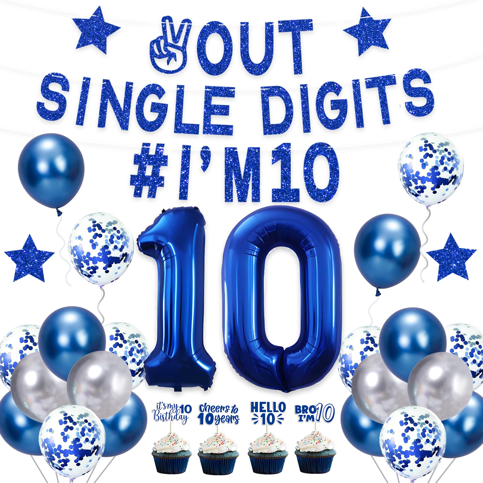 Holkcog Blue 10th Birthday Decorations Boys, Out Single Digits I'm 10 Banner, Happy 10th Birthday Decorations for Boys, Double Digits Party Supplies