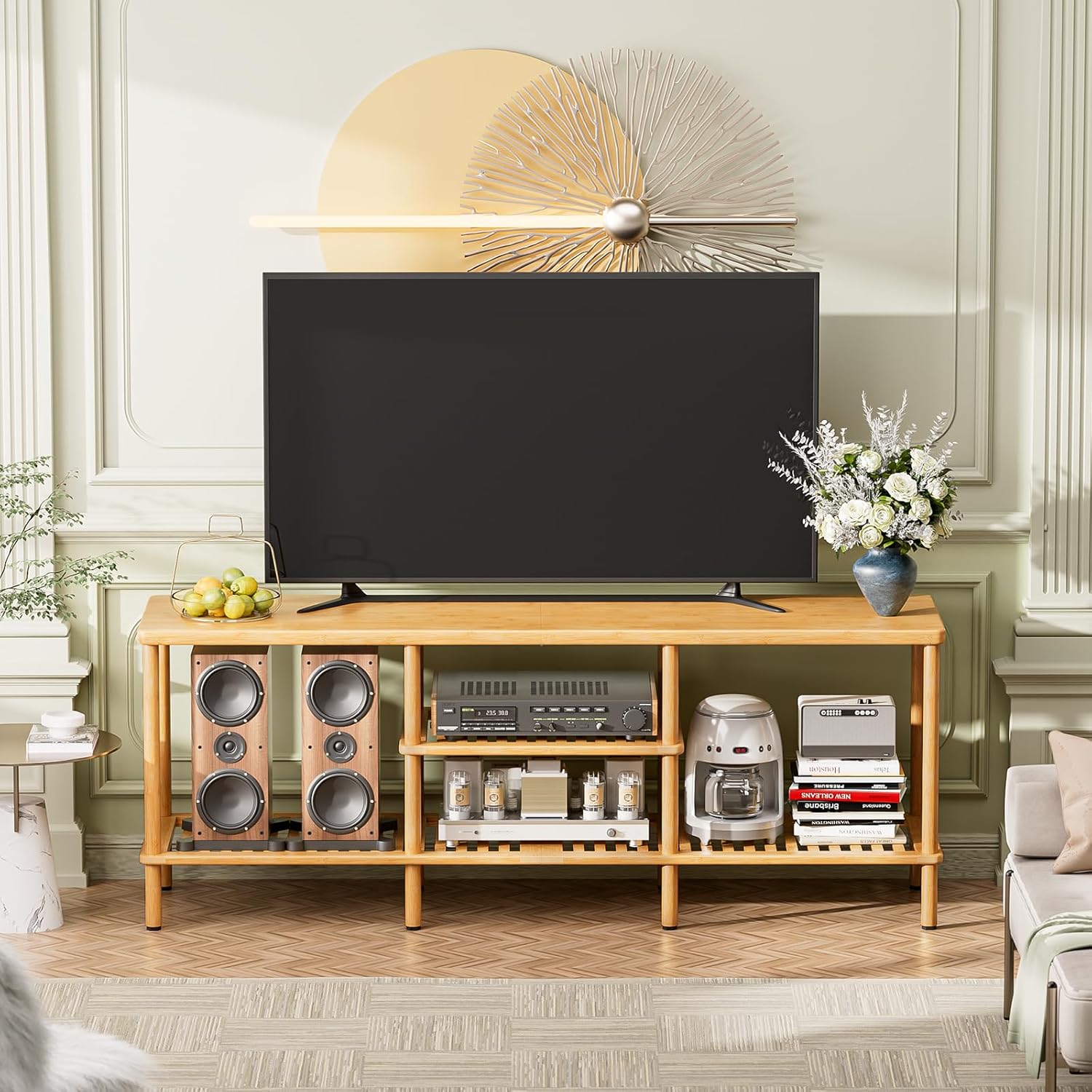 Amazer Bamboo TV Stand for 60 65 Inch TV, Entertainment Center with 3 Tier Open Storage Shelf, Wood TV Table for Living Room, Bedroom - Image 7