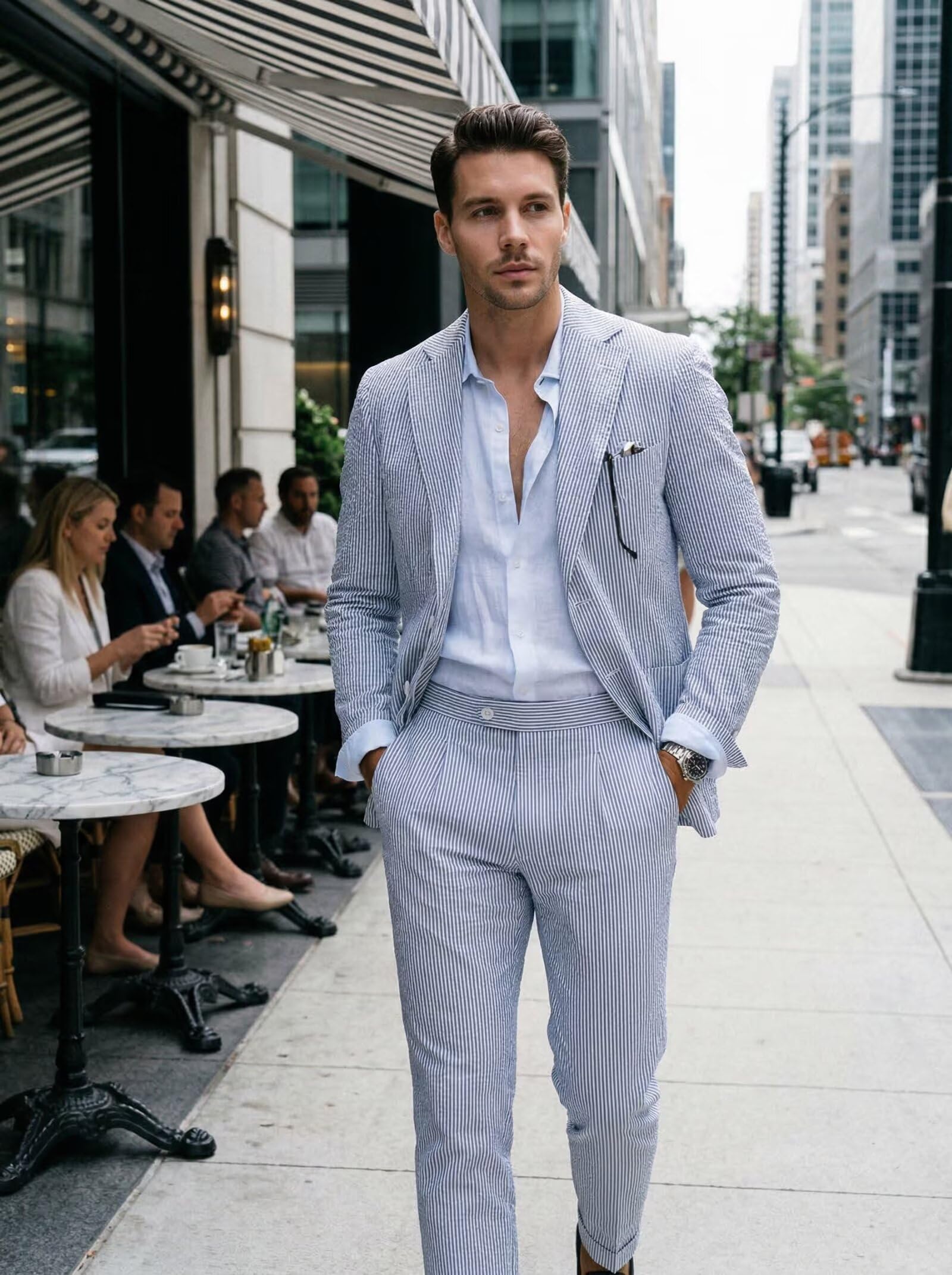 Completo da uomo in seersucker blu, 2 pezzi, per estate, spiaggia, matrimonio, sposo, abito a righe, con blazer e pantaloni, set leggero traspirante