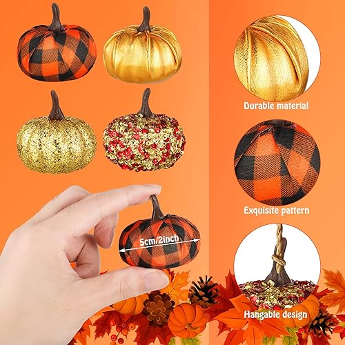 Miniatura 4 de Sotiff Adornos para árbol de Acción de Gracias, adornos colgantes de calabaza de Navidad, bola de espuma con purpurina, envuelta en tela, pequeñas