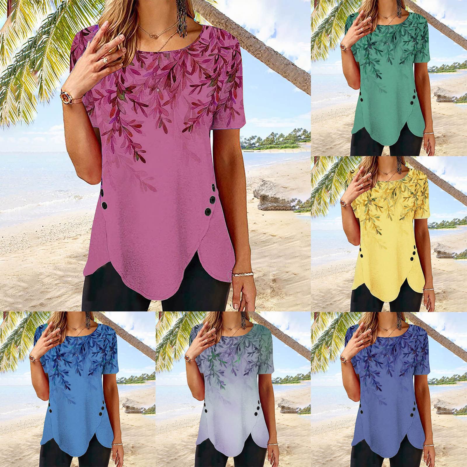 EMATOP Tunika Damen Sommer Elegante Tshirt Sport Baumwolle Bluse Longshirt Locker Rundhals Oberteile Vintage Neue Drucke Kurzarm Tops Mode Asymmetrischer Saum Sommershirts Bequem Longbluse