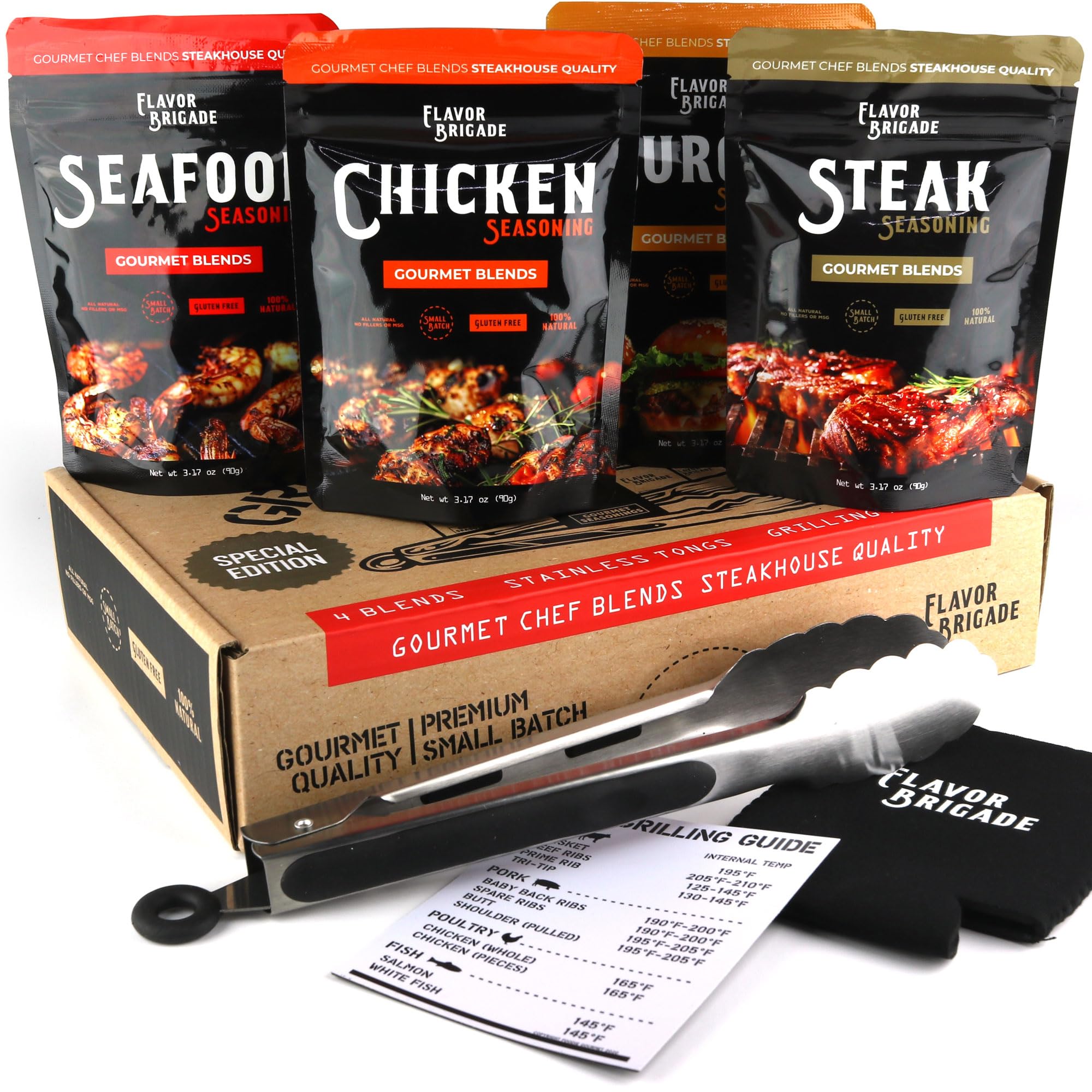 Flavor Brigade Gourmet Grilling Spices Gift Set for Guys, Dad, Men, BBQ Grill Accesories, Smoker, Seasonings, Rub, Steak, Burgers, Chicken, Fish & Stainless Tongs (4 Bags, 7 Piece Set)