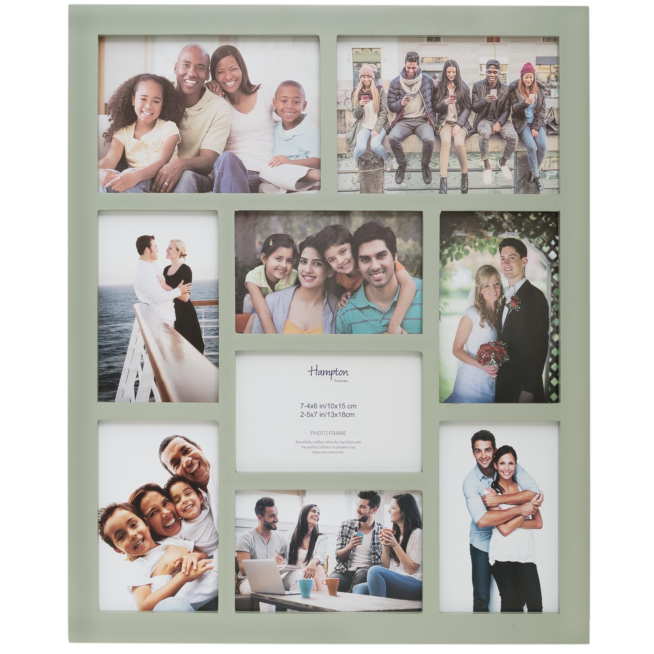 Hampton Frames GALLERY Seven - 4x6 (10x15cm) Two - 5x7 (13x18cm) Sage Green Nine Aperture Photo Frame Acrylic (Non-Glass) GAL9APSG