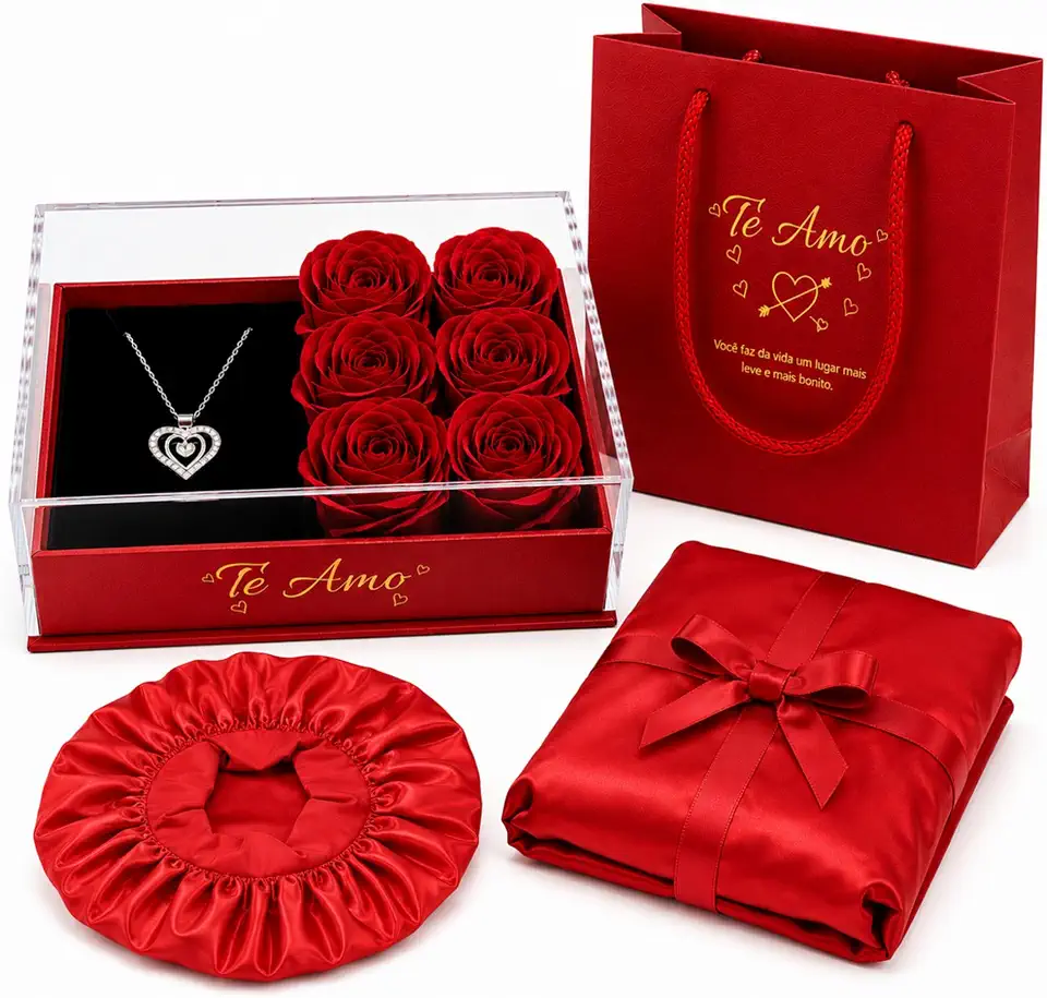 Kit Presente Dia dos Namorados com Caixa Acrílico Rosas Colar com Pingente Touca de Cetim e Sacola Te Amo