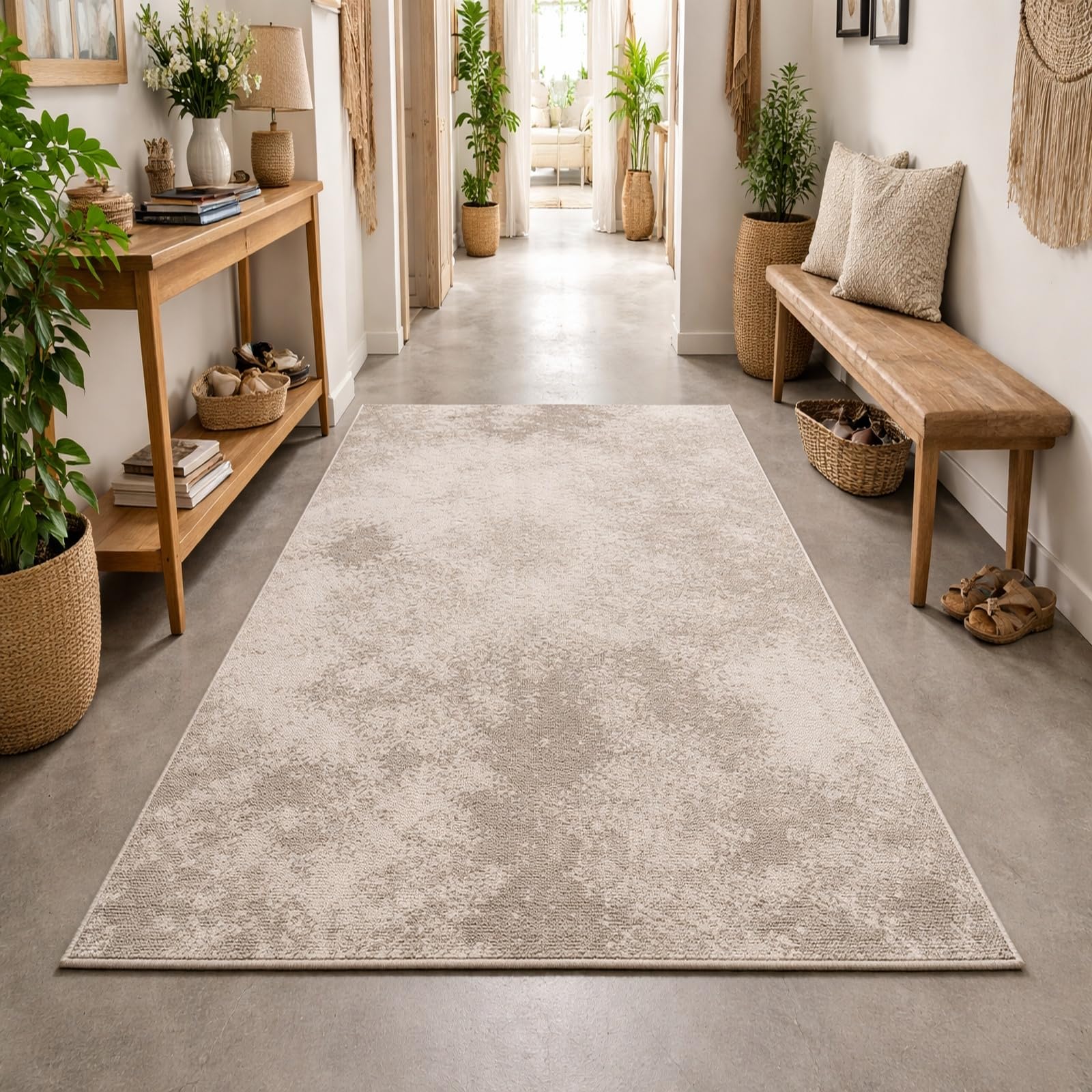Tapis de salon abstrait beige marron 200 x 300 cm aux finitions soignées