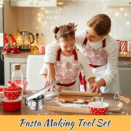 Miniatura 6 de Tioncy Juego de 9 herramientas para hacer pasta, incluye tablero de ñoquis de madera, cortador de papas, cortador de pasta de madera, ravioles,