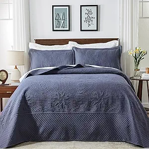 Qucover Oversized King Bedspread 128x120, Soft Microfiber King Size Bedspread Oversized, 3 Piece Ultrasonic Quilting Persian Pattern California King Quilt Set, Navy Blue