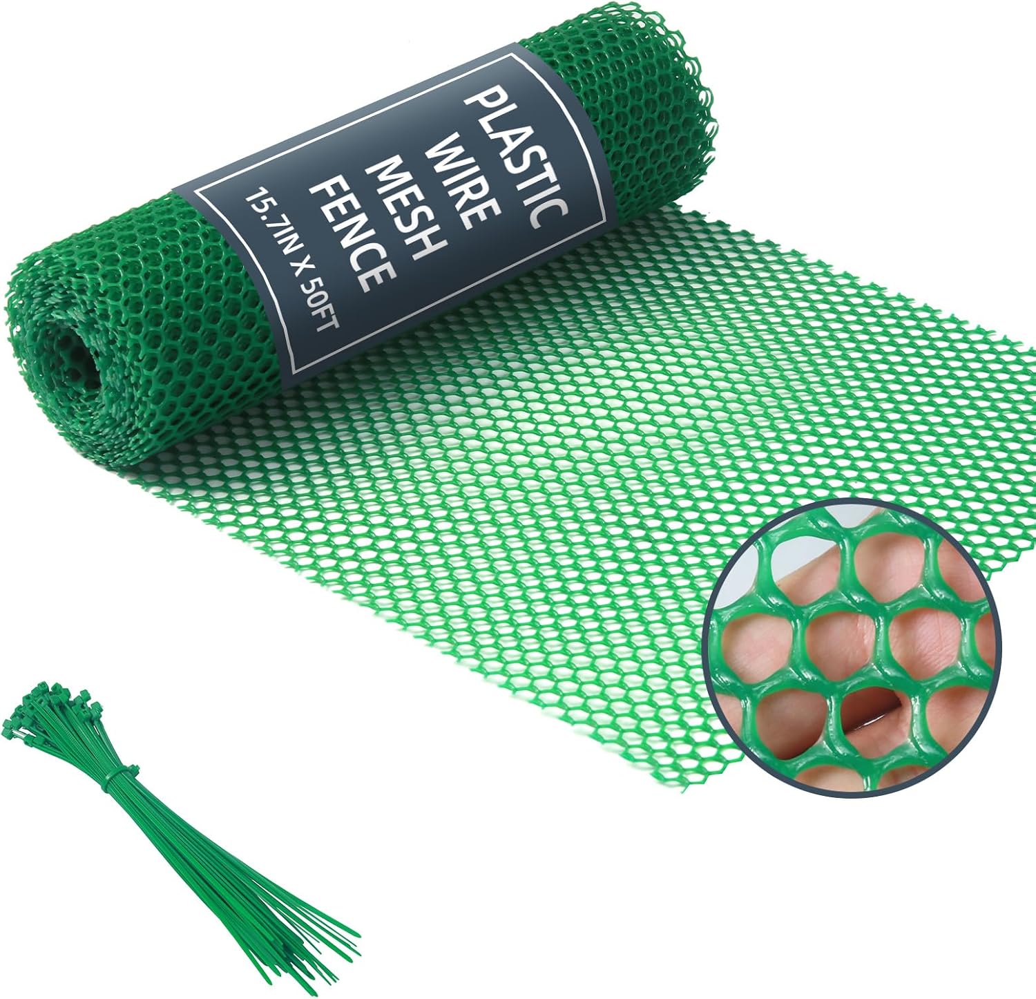 Plastic Wire Mesh Fence, 1.3ft x 50ft /15.7in x 600in Plastic Chicken Wire Fence Mesh Versatile Plastic Fencing Wire Netting Poultry Animal Barrier Fence with 150 Zip Ties for Garden & Farm, Green