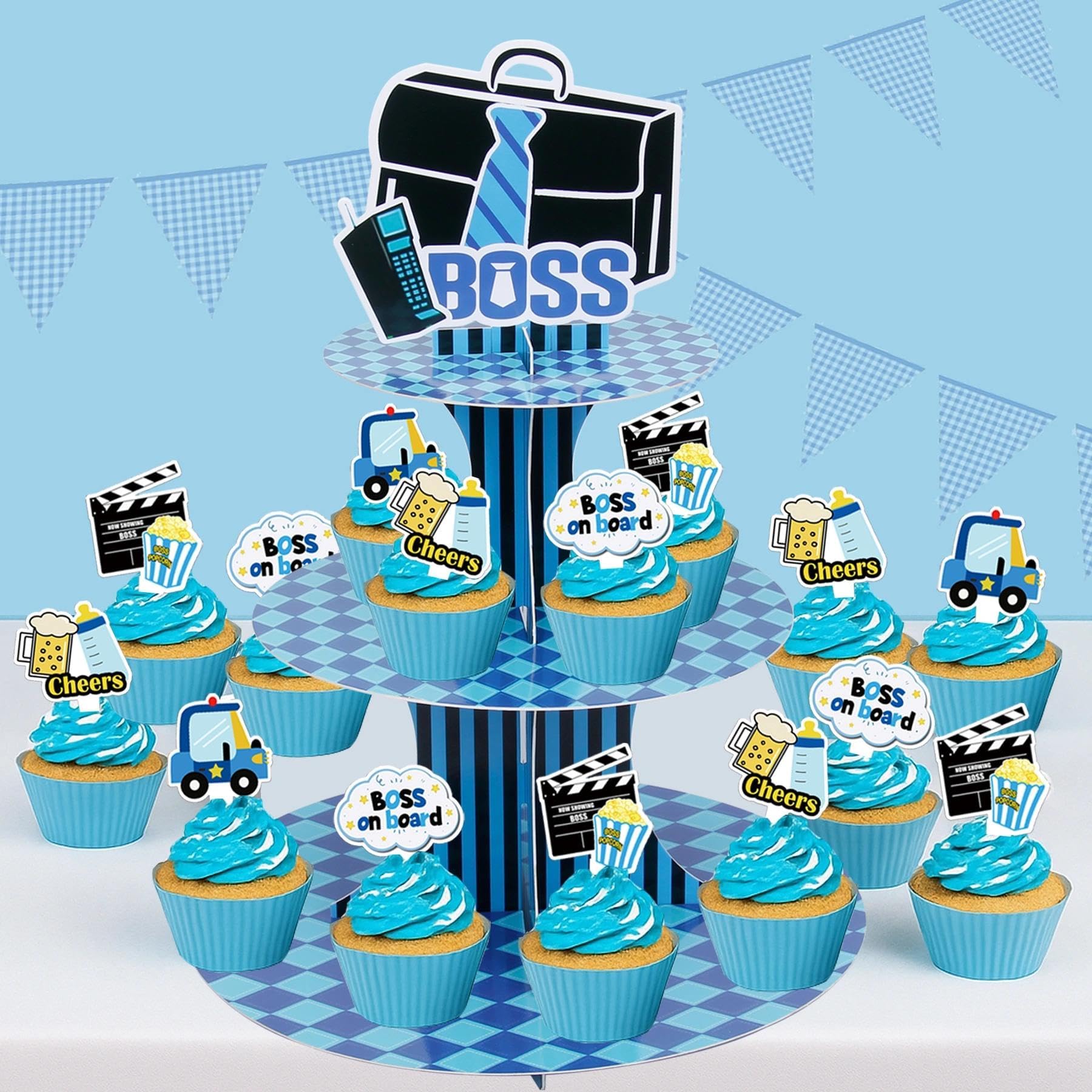 Blue Black BOSS Theme 3-Tier Cupcake Stand 1PCS with 16PCS Cupcake Toppers, for Little Gentleman 1st 2nd Birthday Baby Shower Table Centerpiece Decorations