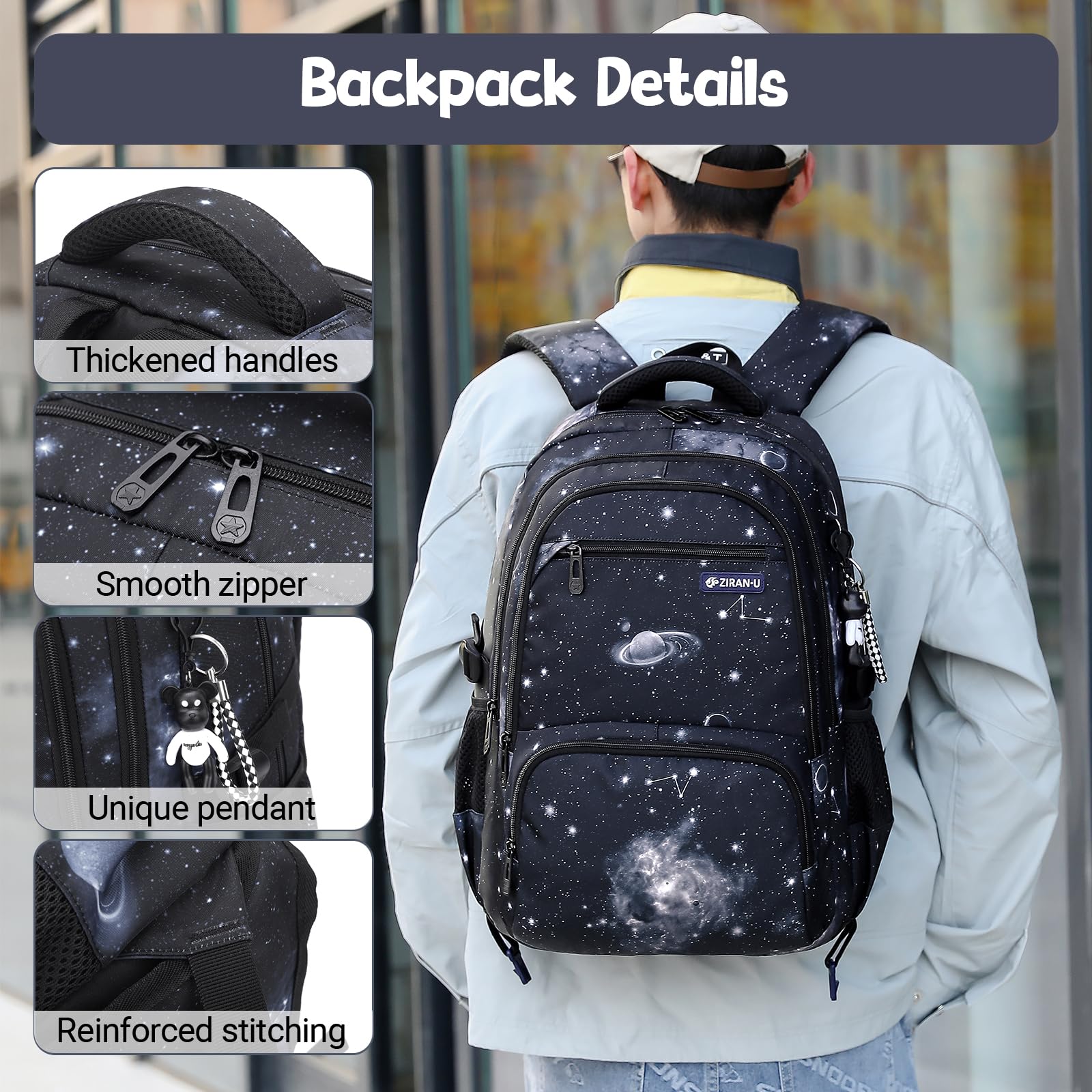 Amythe Sac à Dos pour Adolescents 3 Pièces, Cartable Garçon Primaire College, 30L Sac Ecole Décontracté Imperméable pour Filles Garçons Adulte, avec Sac à Déjeuner et Trousse, Noir