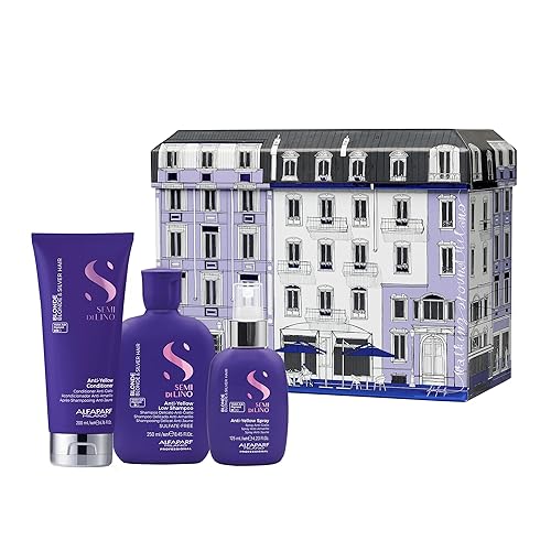 Alfaparf Milano Semi di Lino - Juego de regalo anti-amarillo para cabello rubio, platino y plateado, champú, acondicionador y aerosol sin sulfato,
