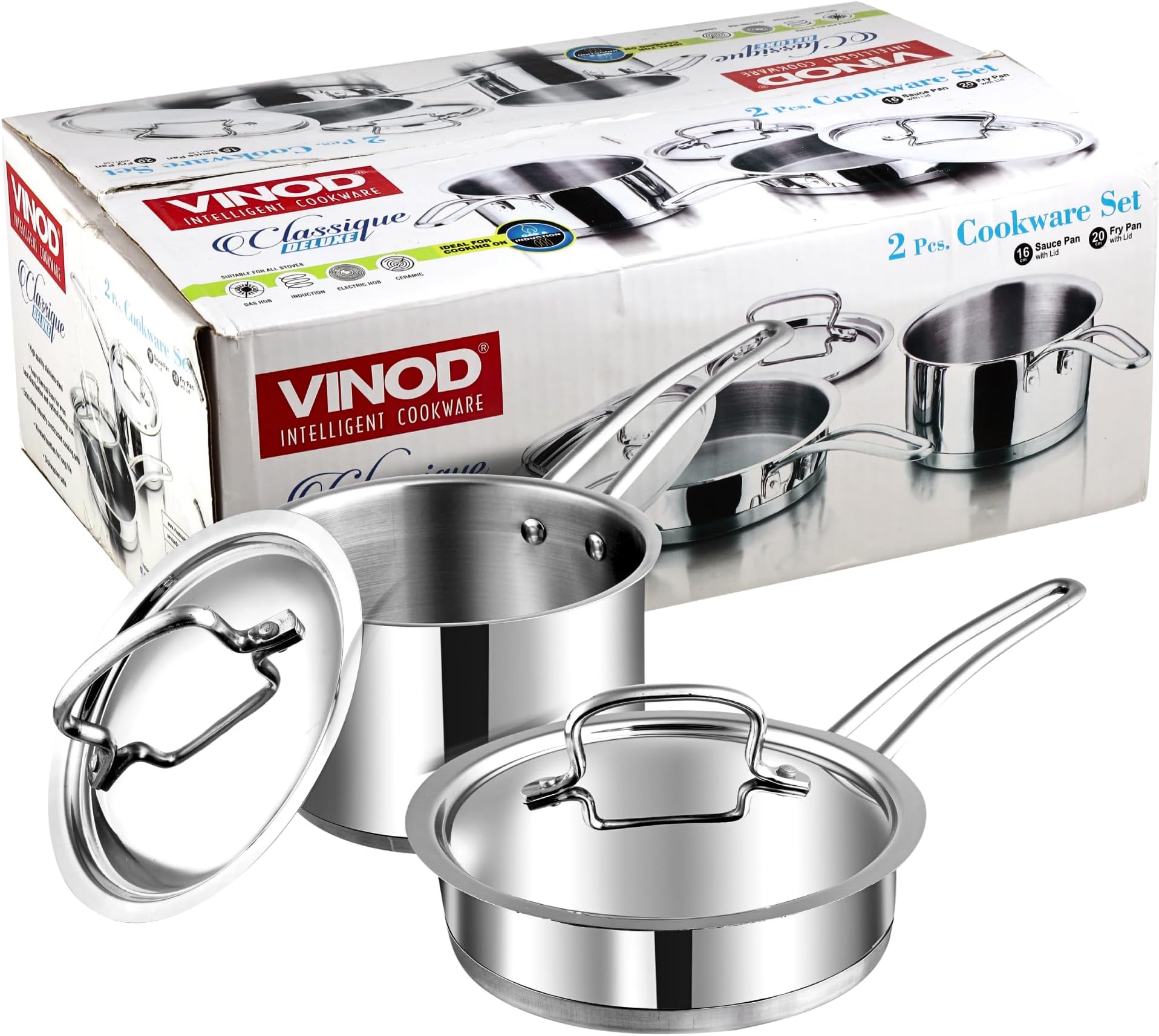 Classique Deluxe Stainless Steel Cookware Combo Set of 2 Pcs | Saucepan 71 oz |6 inches| Frypan 7.8 inches | Extra Deep, Riveted Handles | Induction Base | 2 Year Warranty