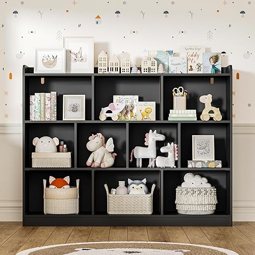 DIYART Black Bookshelf, Wood Bookcase with 3 Tier Open Shelves, 10-Cube Minimalist Storage Shelf for Living Room, Bedroom, 55.1" W x 42.5" H