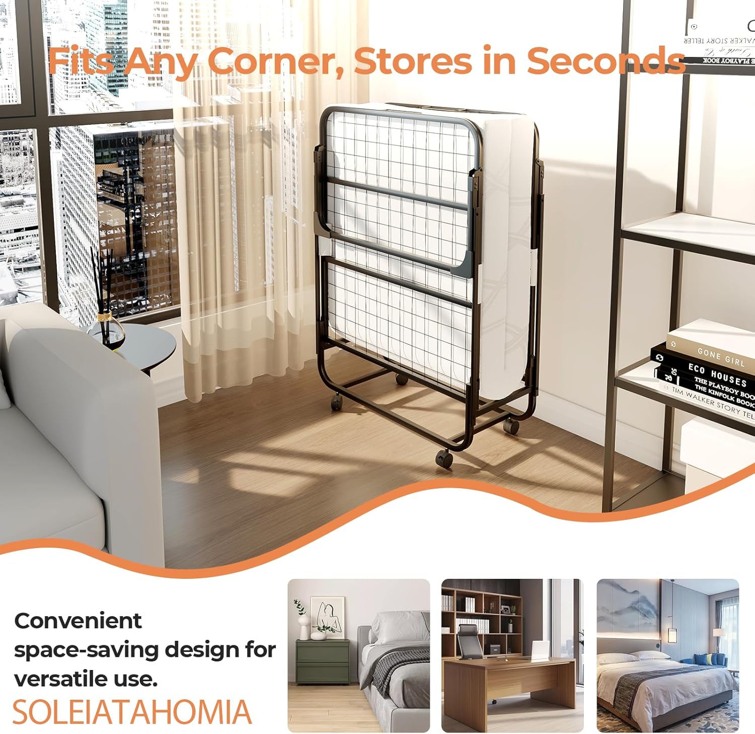 Folding Bed with Memory Foam Mattress,75”x31”Portable Rollaway Bed for Adults,Space-Saving,Sturdy Metal Frame with Wheels,Perfect for Guest Rooms, Apartments,Easy Storage