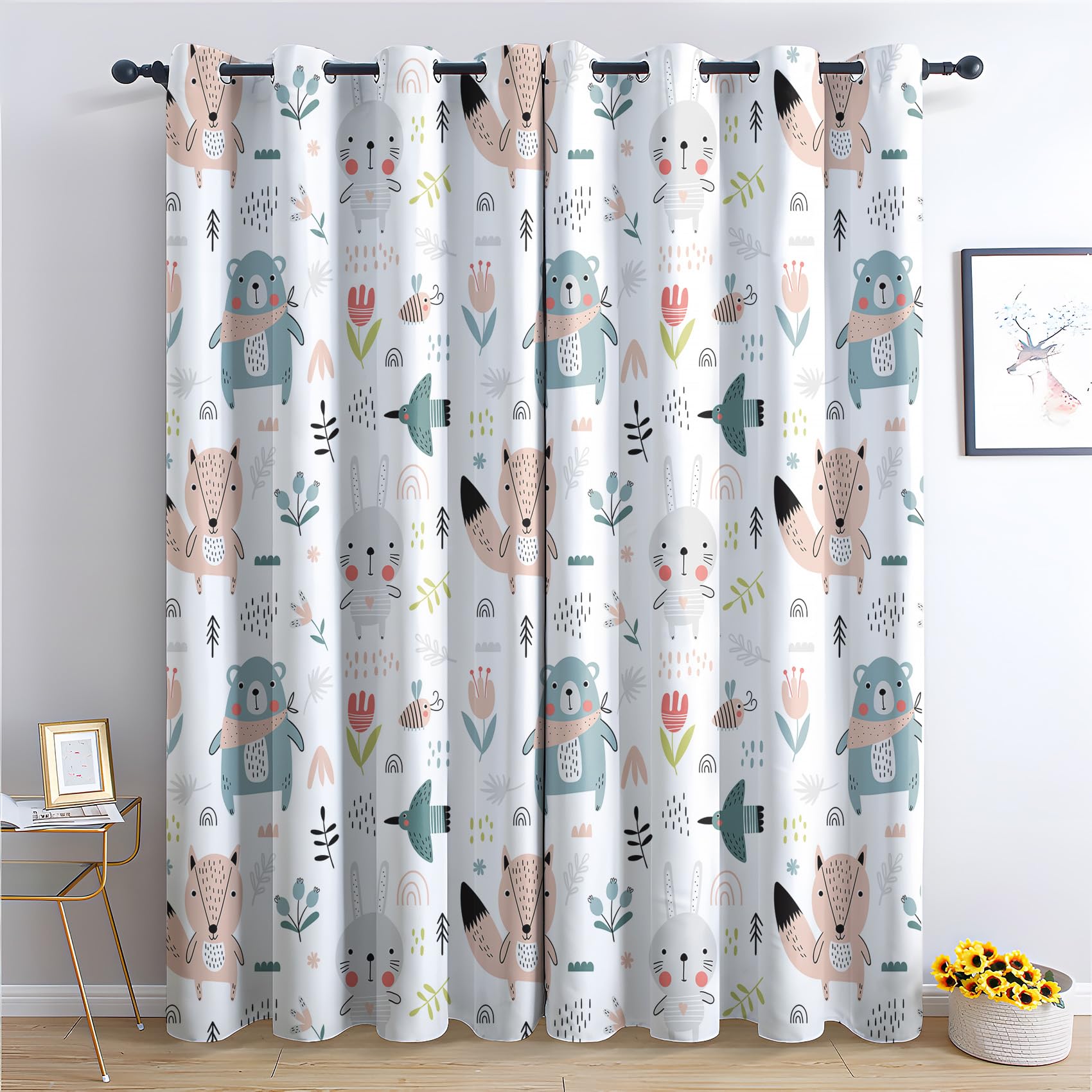 Kids Curtains for Bedroom Living Room - Cartoon Woodland Animal Blackout Curtains 46 x 72 Inch (Width x Drop), Thermal Insulated Eyelet Curtains & Drapes, Patterned Window Treatments K&-322