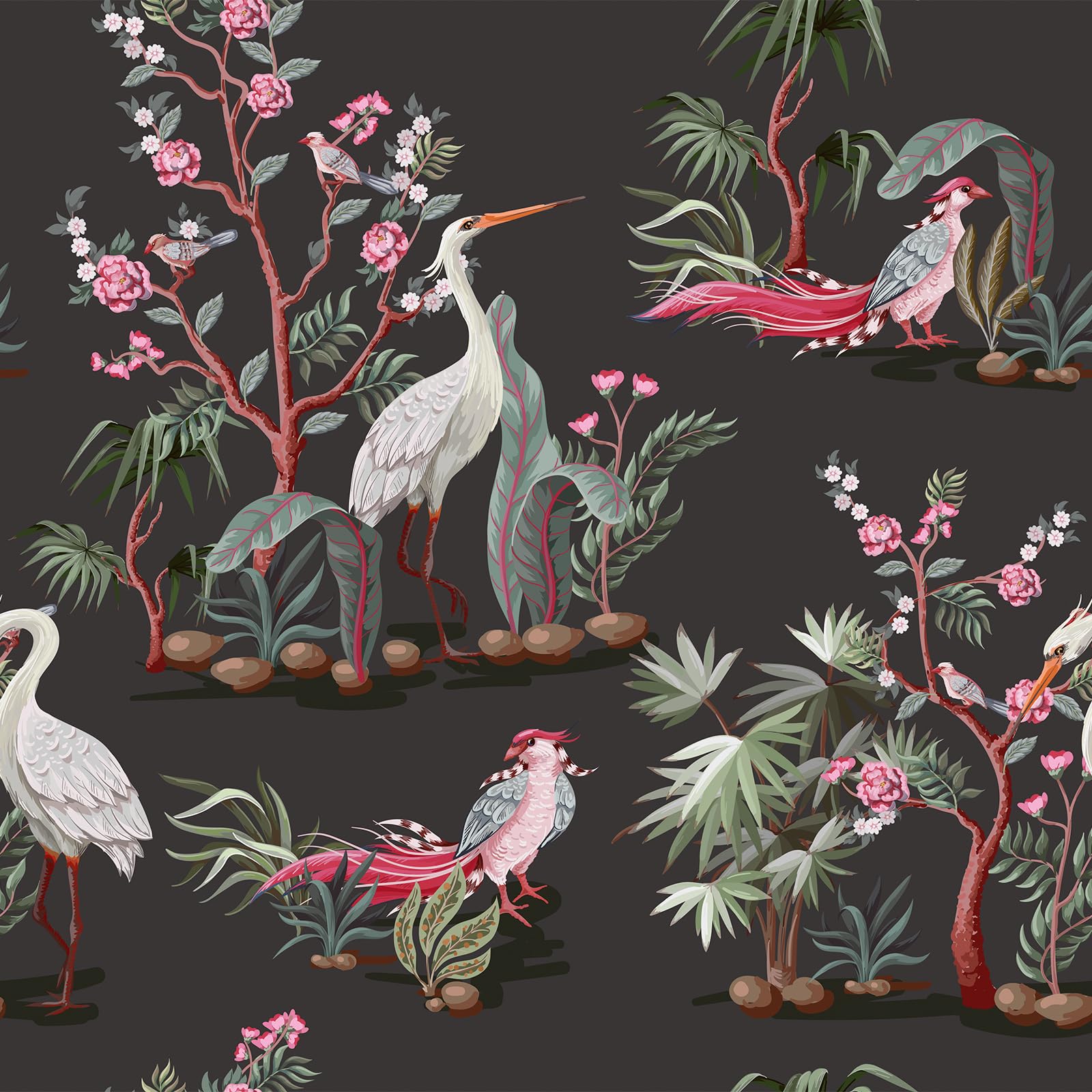 Livelynine Self Adhesive Wallpaper Green Tropical Pink Floral White Crane Peony 44.5CMx7M Stick on Jungle Wallpaper for Bedroom Peel and Stick Vinyl Wrap Pattern Chinoiserie Vintage Wall Paper Roll