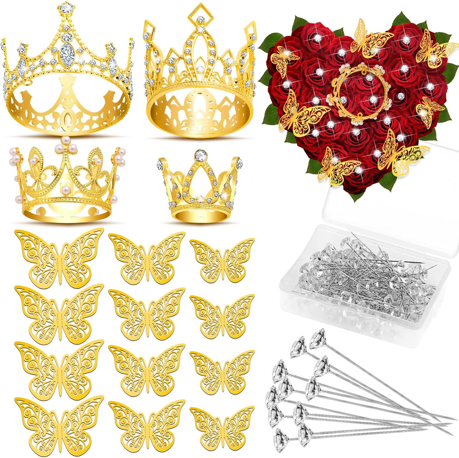 Cridoz Gold Crowns for Flower Bouquets: 4 Crowns, 12 3D Butterflies, 50 Diamond Pins - Wedding, Baby Shower, Birthday Decor