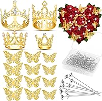 Cridoz Gold Crowns for Flower Bouquets: 4 Crowns, 12 3D Butterflies, 50 Diamond Pins - Wedding, Baby Shower, Birthday Decor