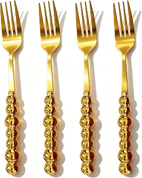 Stainless Steel Forks, Ceramic Handle Forks, Korean Dessert Fork with Imitation Pearl Handle, 7.5 Inches,4 Pieces Gold