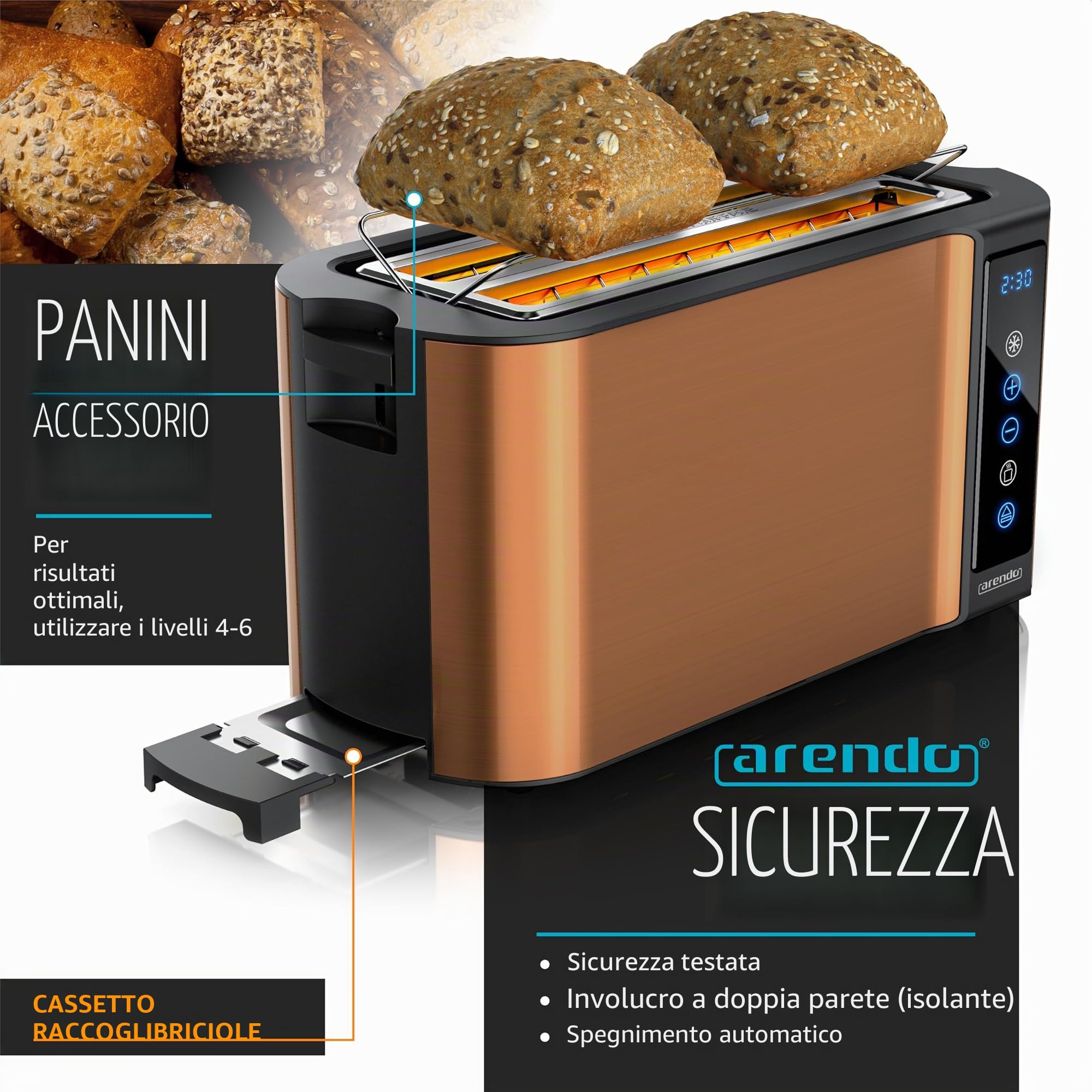 Arendo - Tostapane in acciaio inox a fessura lunga 4 fette touch screen – alloggiamento a doppia parete – Inserto per panino integrato – 7 gradi di doratura – centraggio del pane – visualizzazione del