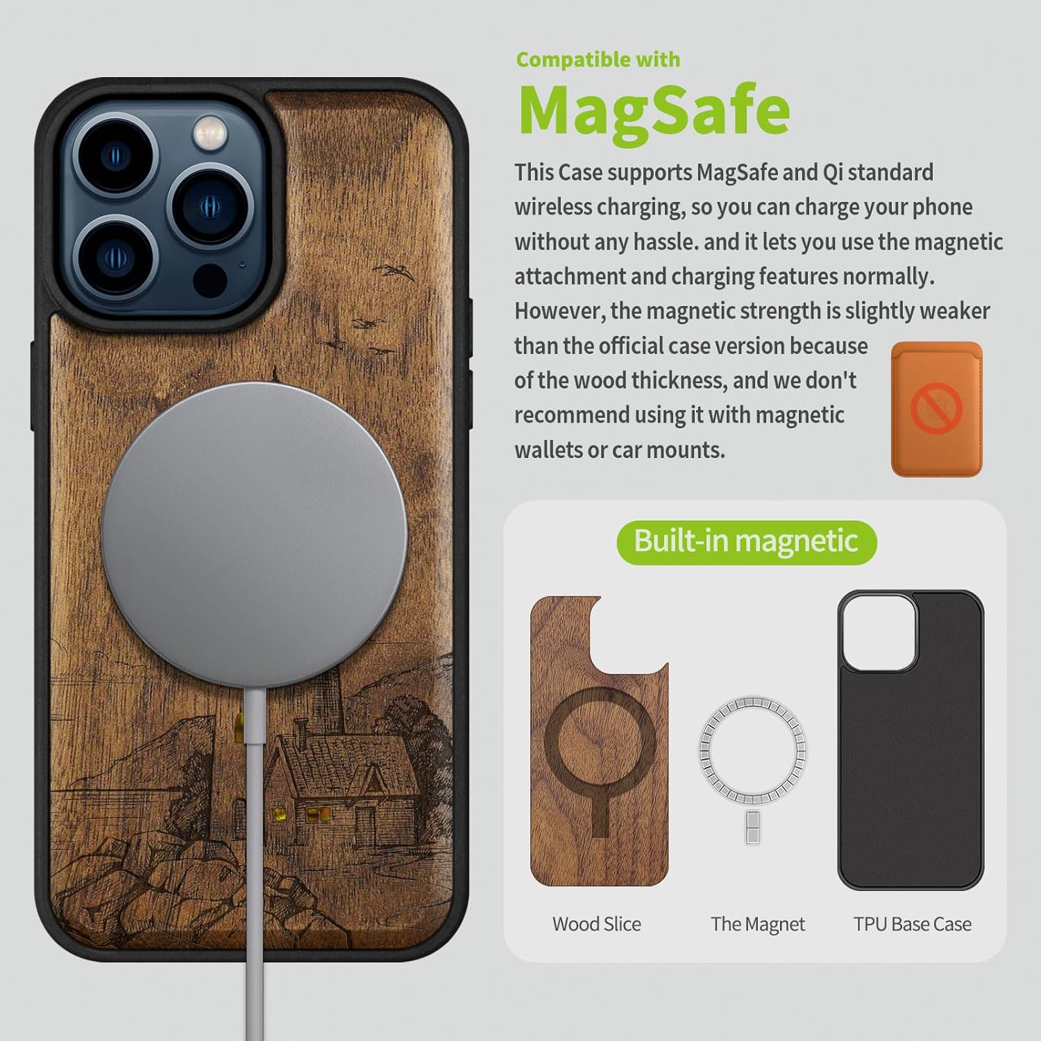 Carveit Wooden Case for iPhone 15 Pro Max Magnetic Case, Compatible with MagSafe Wireless Chargers, Shockproof Cover, Handmade Shell Inlaid & Wood Artisan Engraved (A Flashing Lighthouse) Walnut