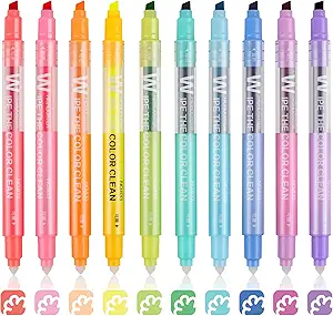 Erasable Highlighters, Dual Tip 10 Pack Highlighters Assorted Colors Erasable, Smooth Writing Book Journaling No Bleeding Highlighter Pens for Bible Journal Planner