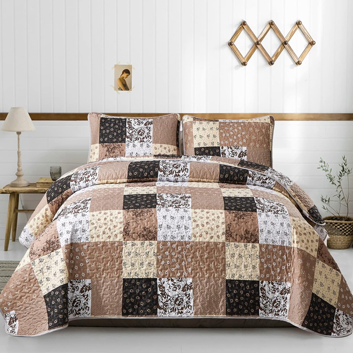 Mybedsoul Brown Quilt Set Twin Size Dorm Bedding, Patchwork Bedding Set