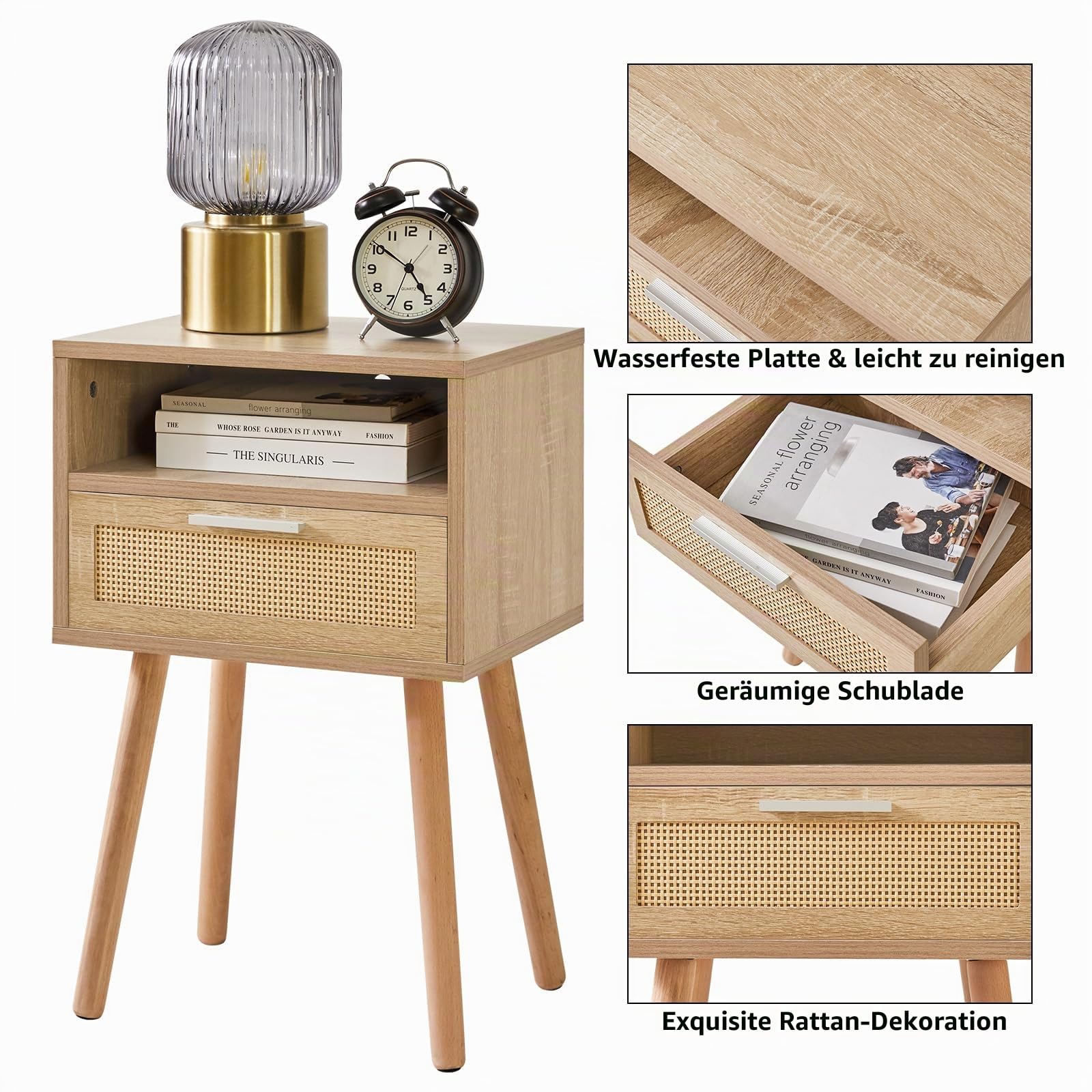 IBUYKE Nachttisch Rattan,Boho Beistelltisch mit Schublade,Natur WNS009N | Holz Nachtschrank mit Offenes Regal,Sofatisch,Couchtisch mit Beinen für Schlafzimmer,Wohnzimmer,Arbeitszimmer