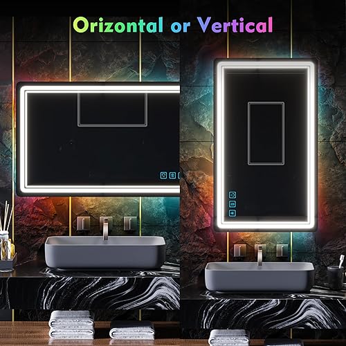 Miniatura 6 de MDGC Espejo de baño LED inteligente de 40 x 24 pulgadas con luz delantera y trasera, espejos de pared de tocador regulables con antiniebla, a prueba