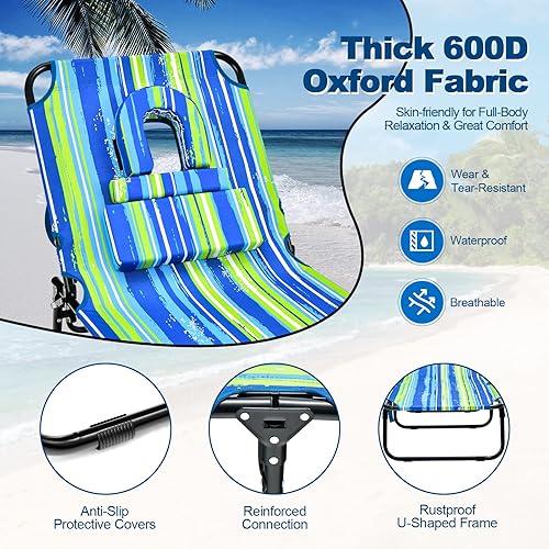 Miniatura 6 de Goplus Silla bronceadora, silla de playa plegable con orificio para la cara, almohada extraíble, capacidad de 350 libras, correa de transporte,